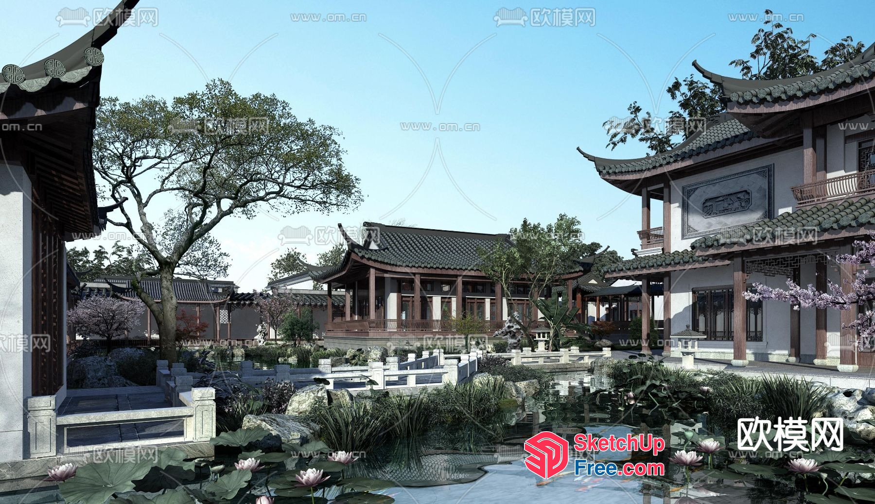 Traditional Chinese Architecture With Pond And Water Lilies 3D SketchUp File