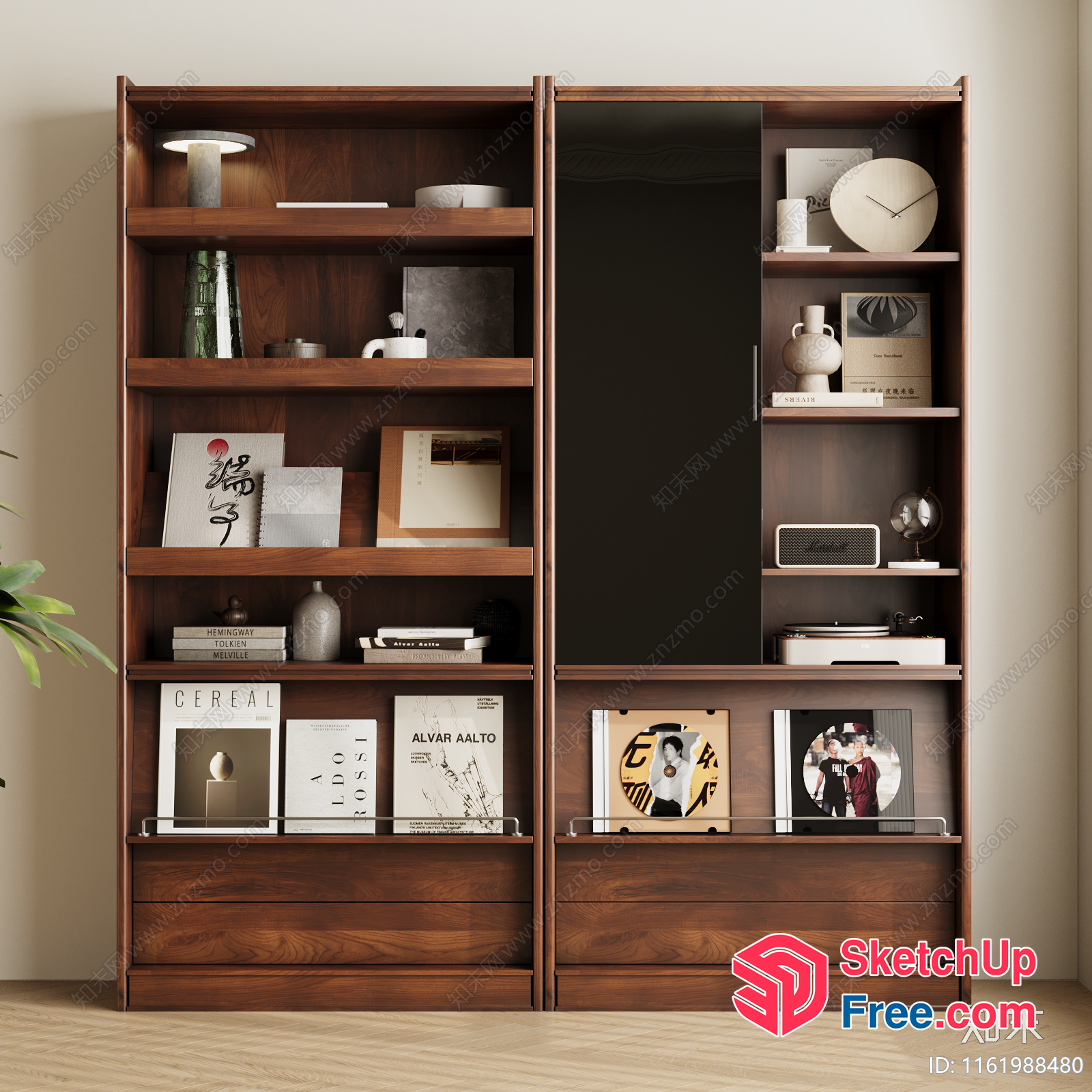 Wooden Bookcase With Decorative Shelf And Storage 3D SketchUp File