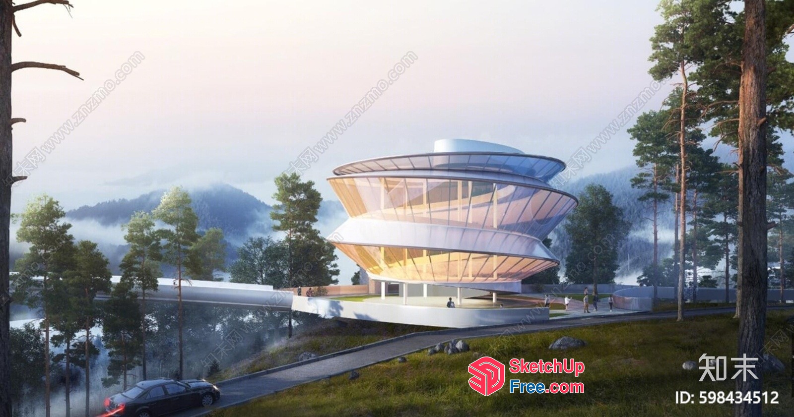 Futuristic Glass-Walled Building With Unique Architecture 3D SketchUp File