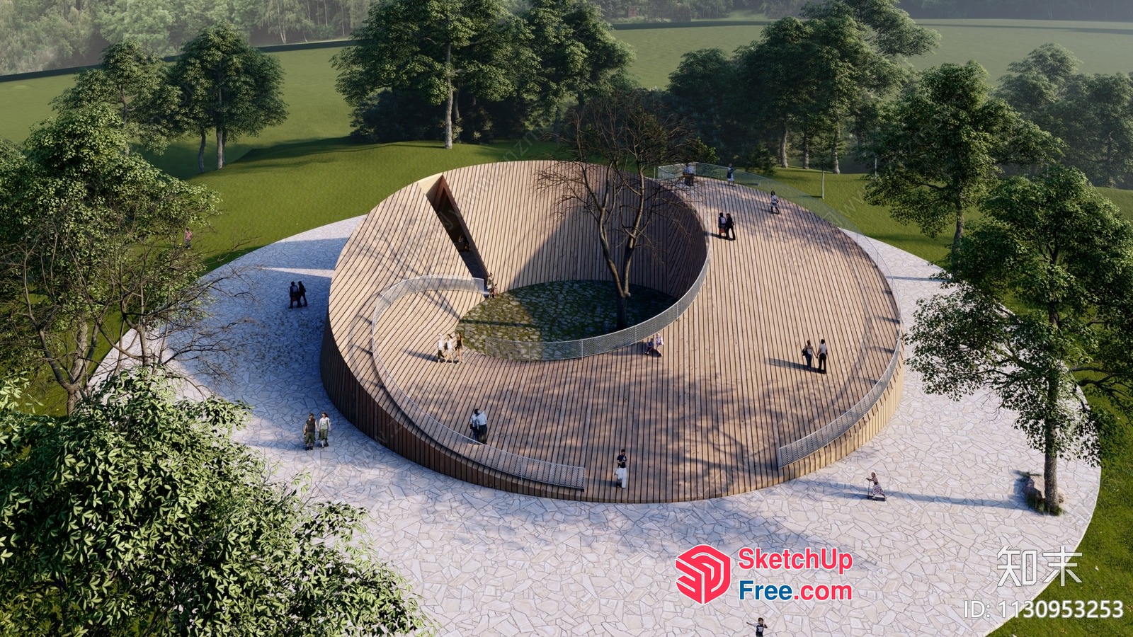 Circular Wooden Platform With Tree And People 3D SketchUp File