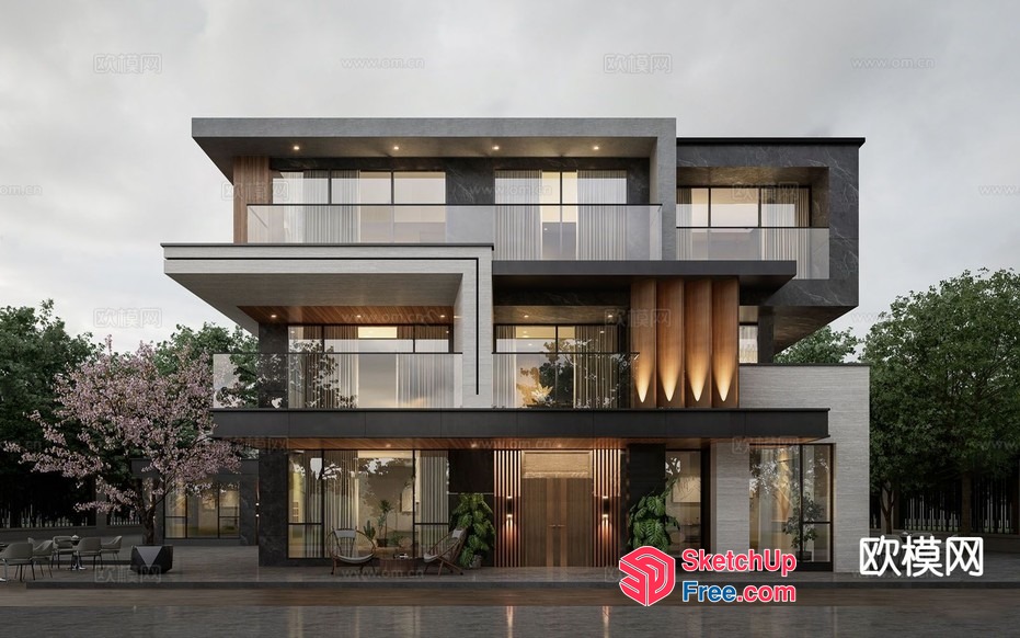 Modern Villa Exterior With Balcony And Stairs 3D SketchUp File