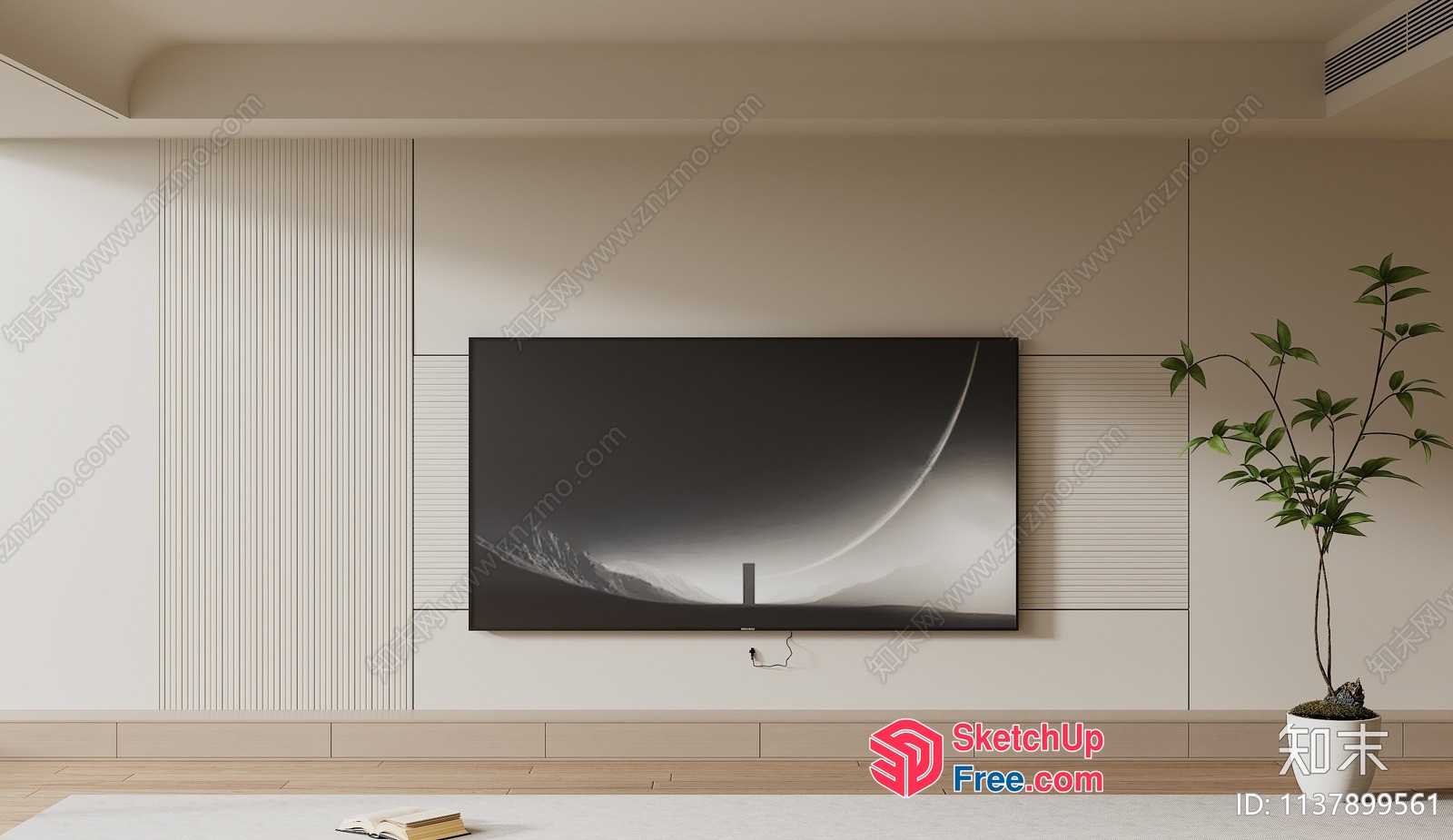 Minimalist Living Room With Large Tv And Plants 3D SketchUp File