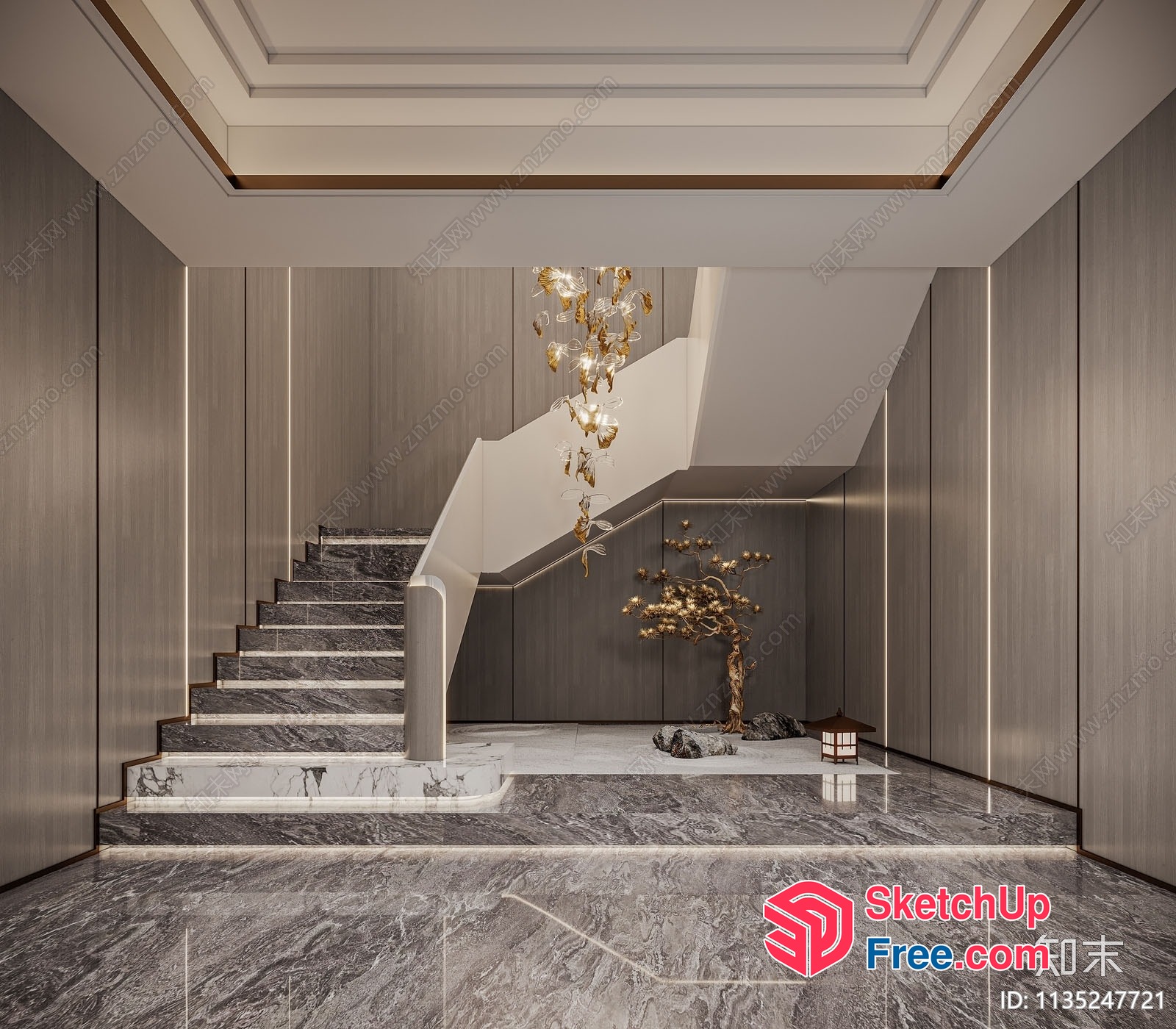 Elegant Staircase With Marble Flooring And Gold Chandelier 3D SketchUp File