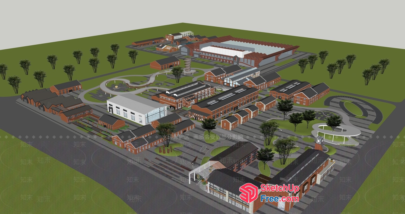 Aerial View Of A Large Building Complex With Various Buildings And Green Spaces 3D SketchUp File