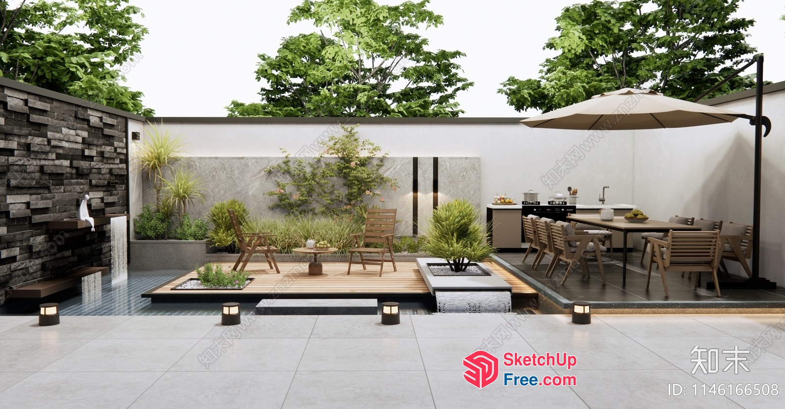 Modern Outdoor Patio With Dining And Seating Area 3D SketchUp File