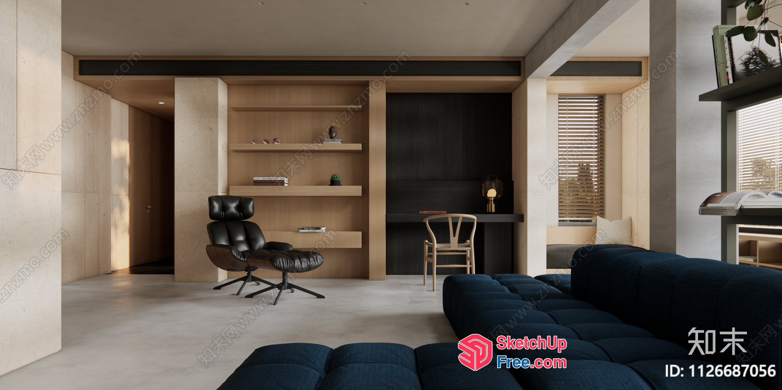 Modern Living Room With Blue Sofa And Wooden Furniture 3D SketchUp File
