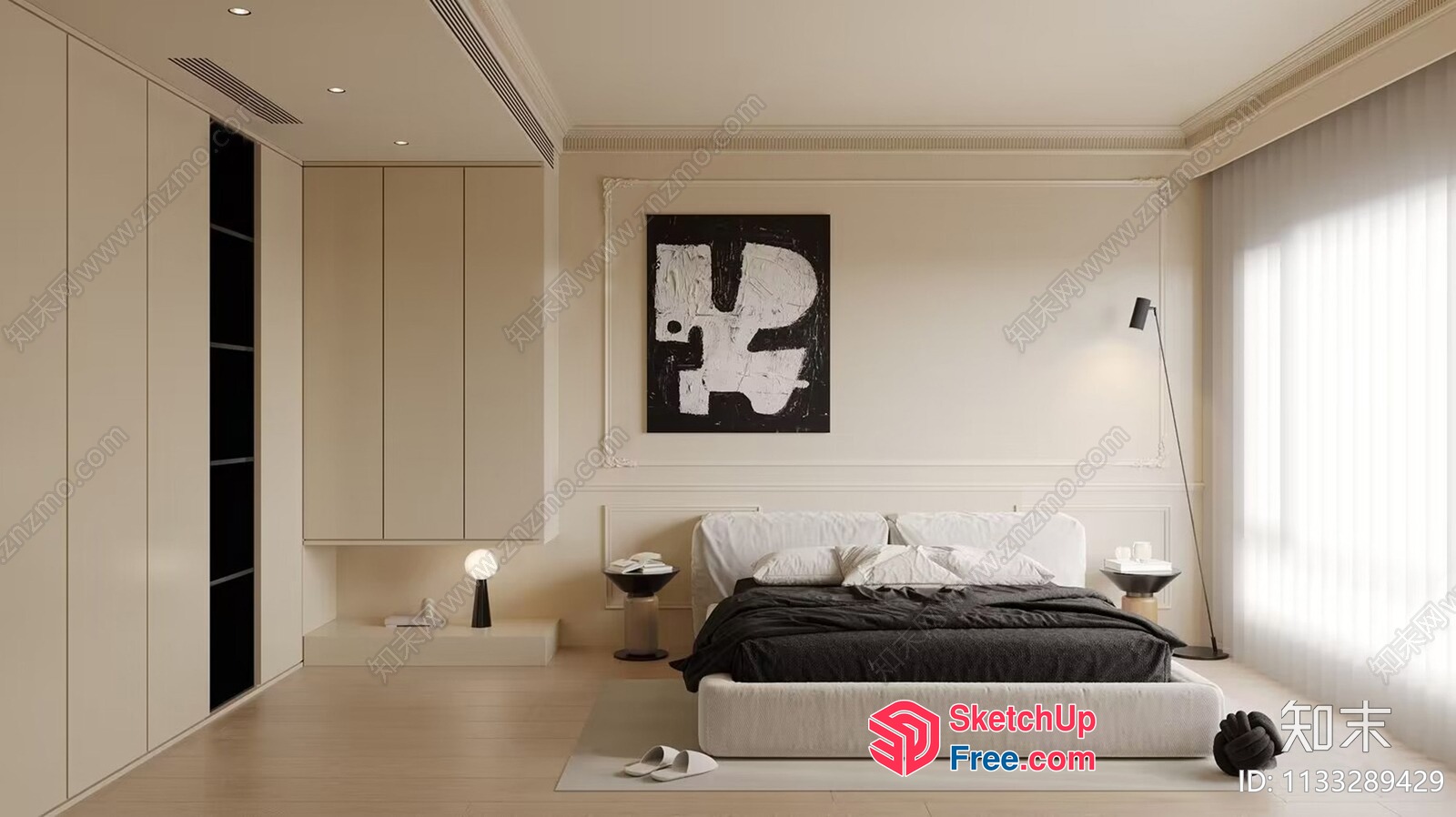 Modern Minimalist Bedroom With White And Black Accents 3D SketchUp File