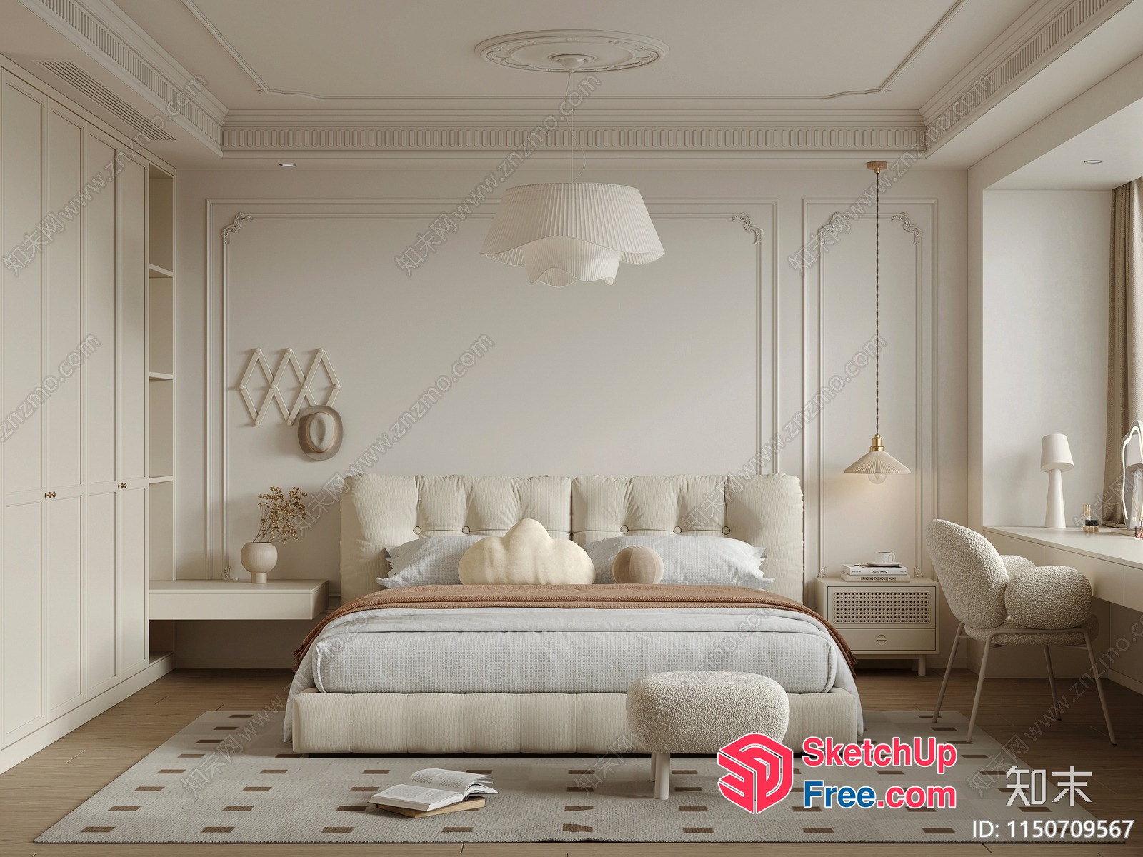 Minimalist Japanese Style Bedroom With Creamy Color Scheme 3D SketchUp File