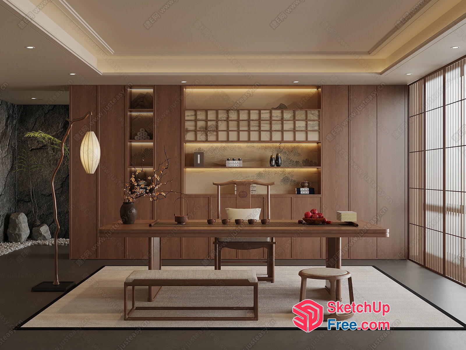 Elegant Japanese-Style Tea Room Interior 3D SketchUp File