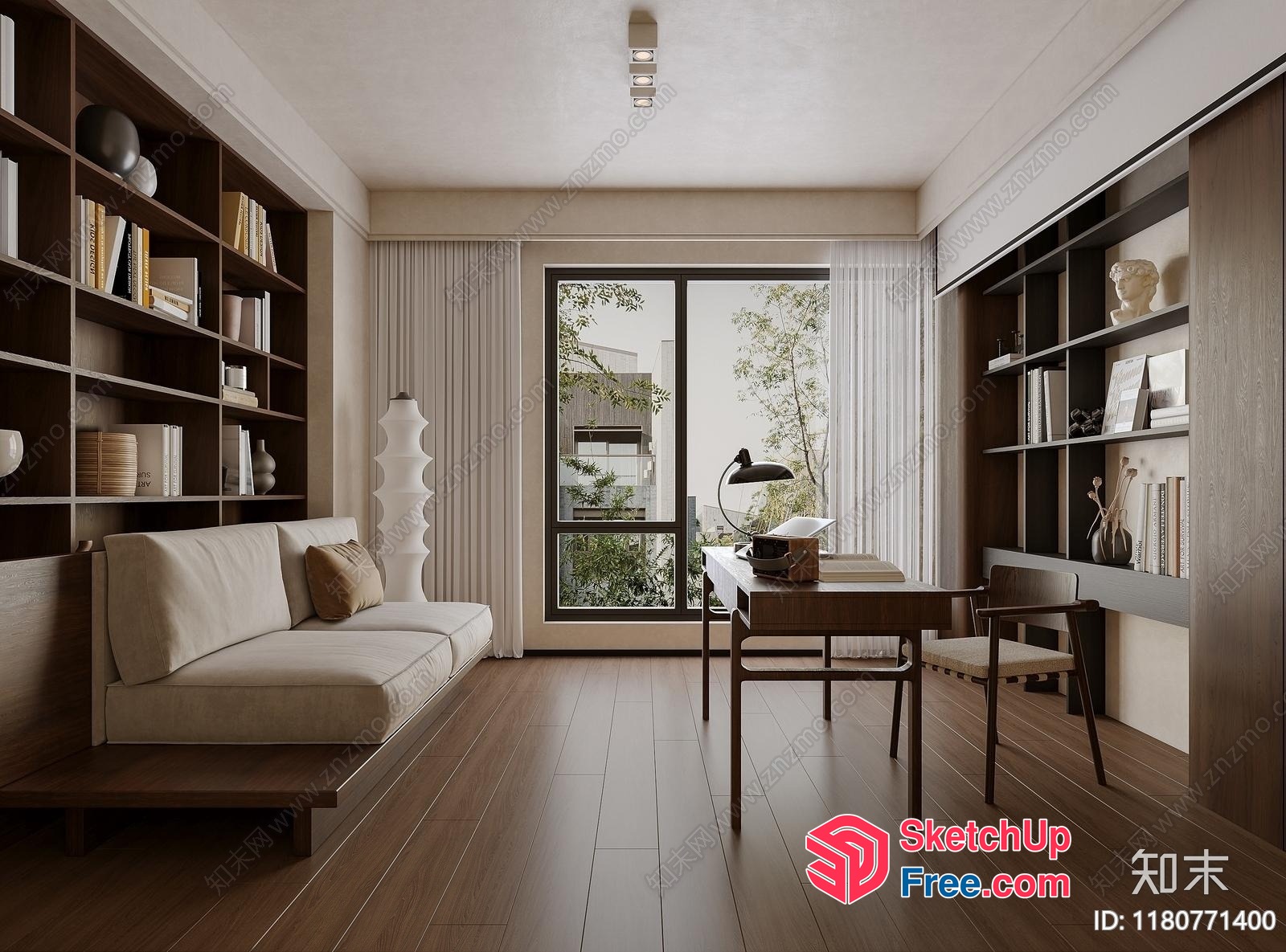 Modern Minimalist Japanese-Style Living Room With Bookcase And Sofa 3D SketchUp File