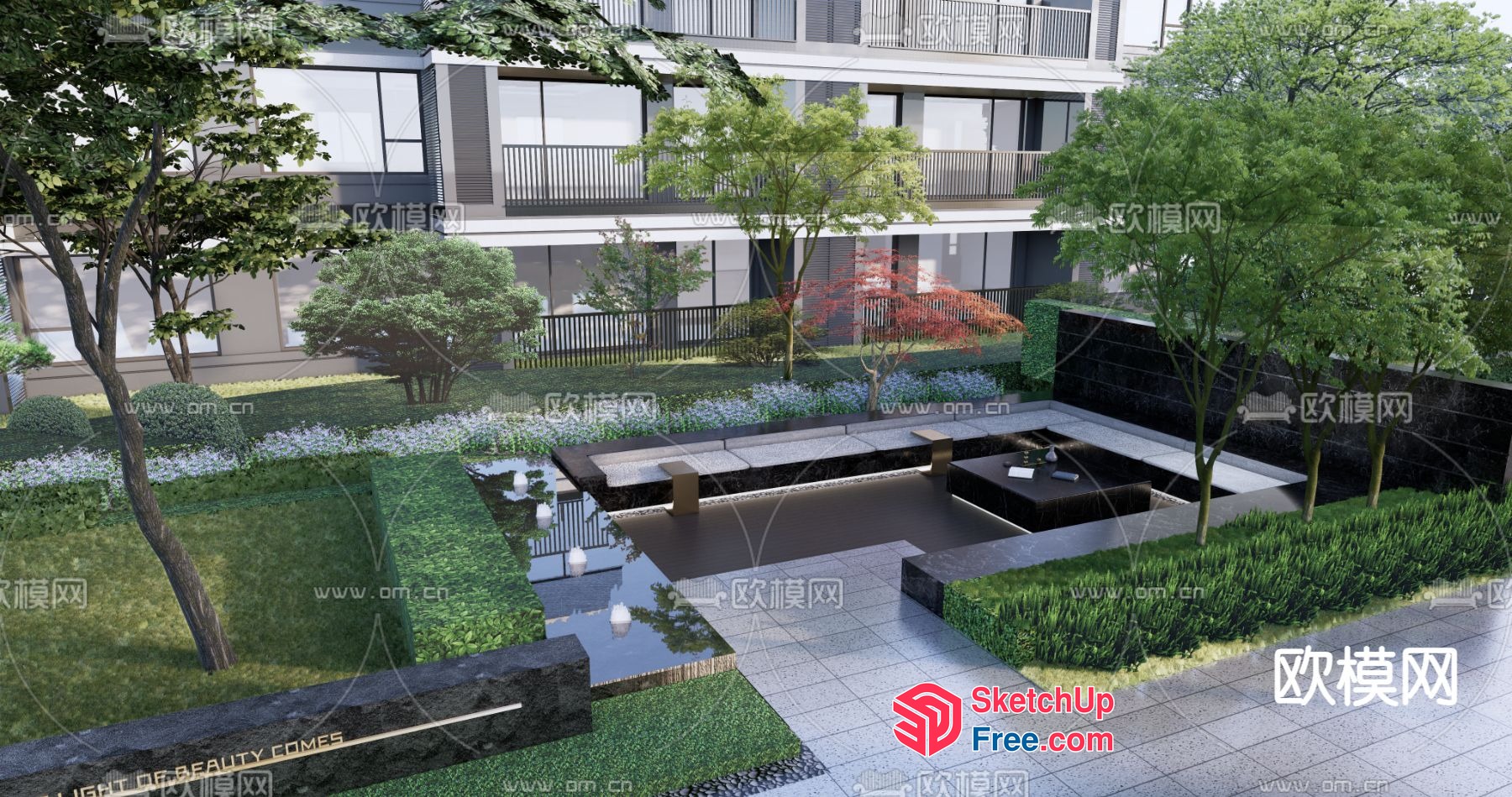 Modern Apartment Complex With Lush Greenery And Water Features 3D SketchUp File