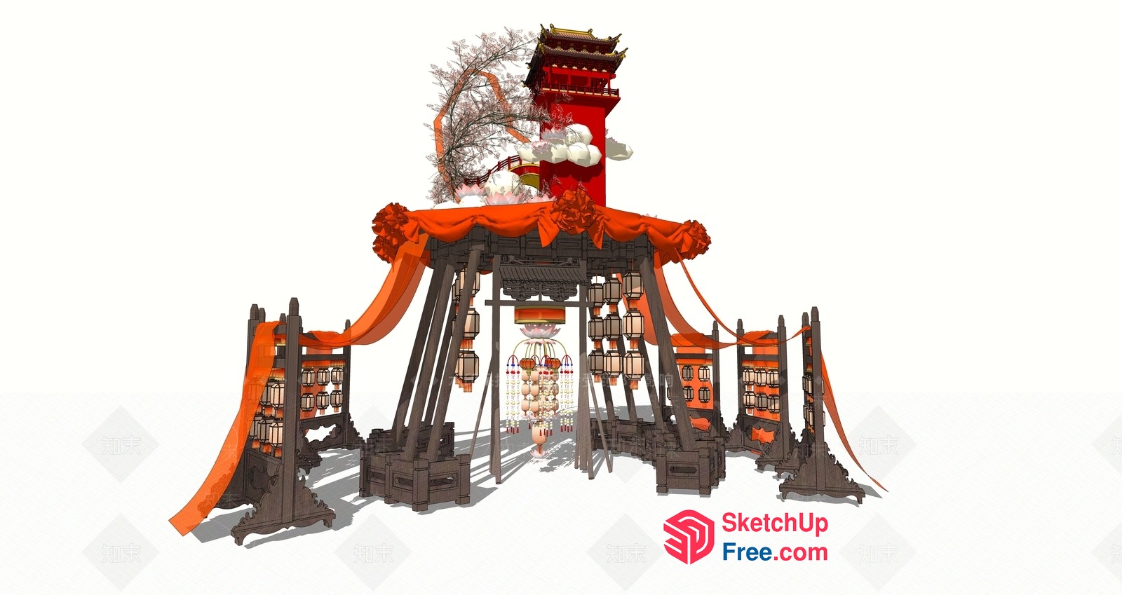 Traditional Asian-Inspired Entrance With Lanterns And Decorations 3D SketchUp File