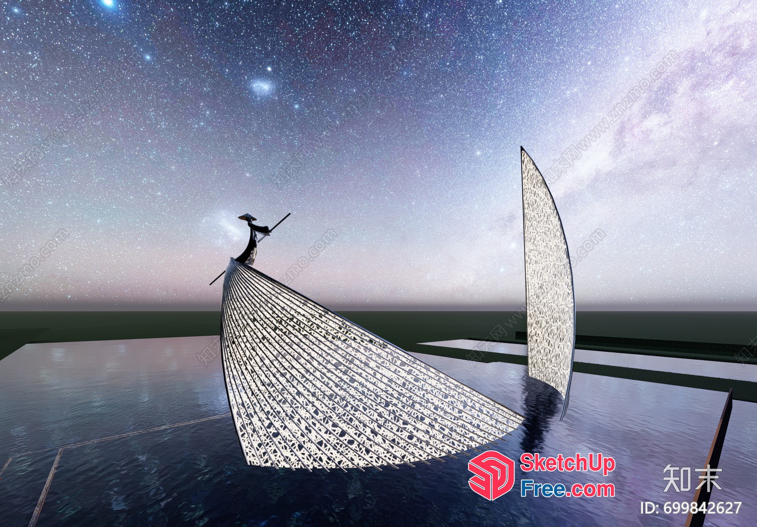Exterior Sculpture Of A Figure In A Boat With Sail 3D SketchUp File