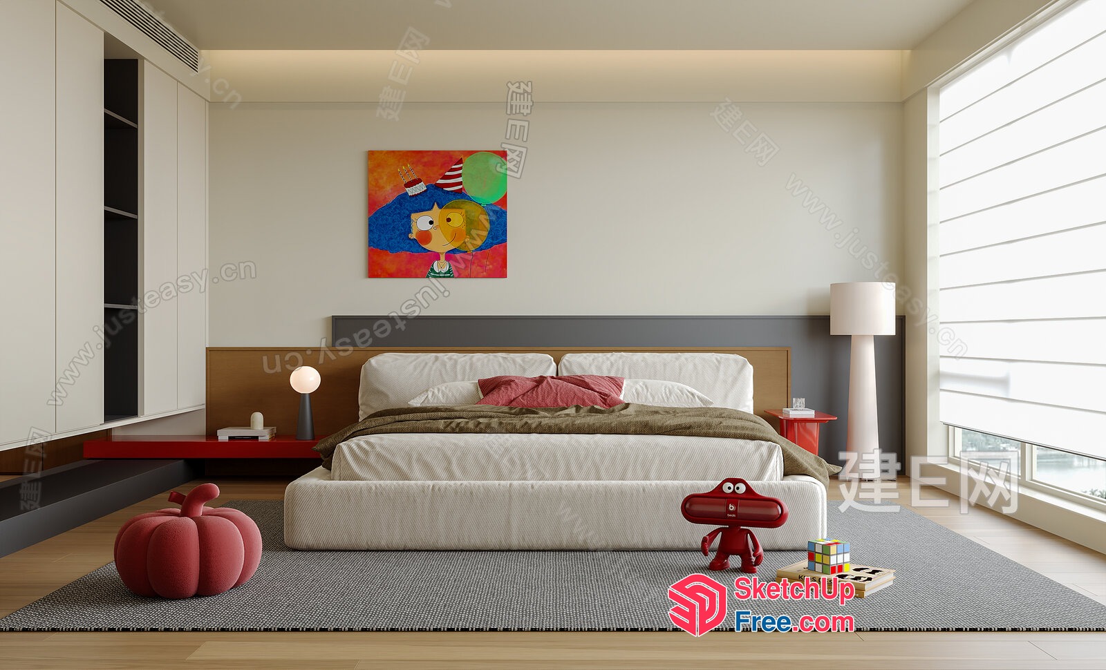 Modern Minimalist Bedroom With A Vibrant Painting 3D SketchUp File