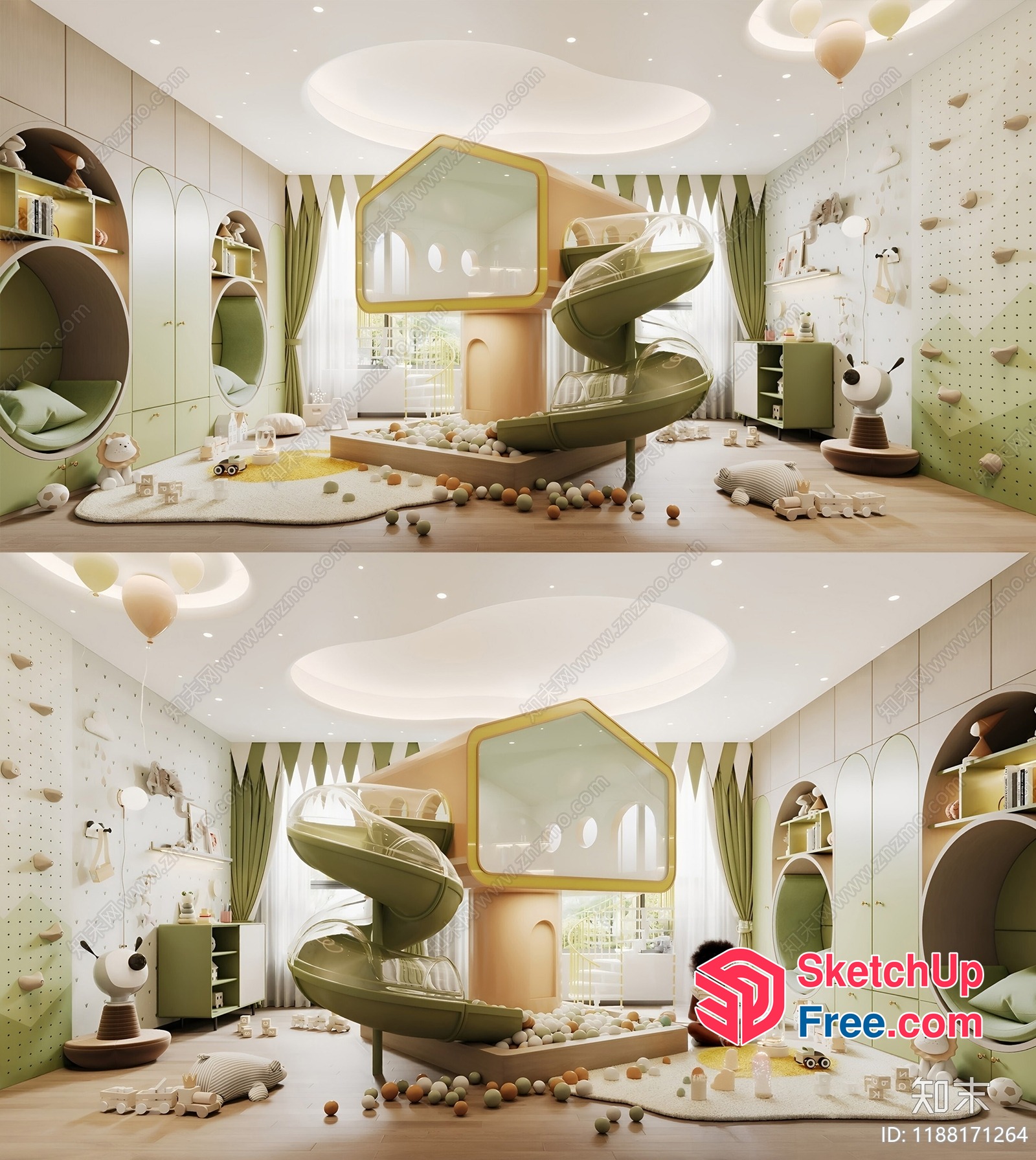 Modern Children'S Playroom With Green And White Decor 3D SketchUp File