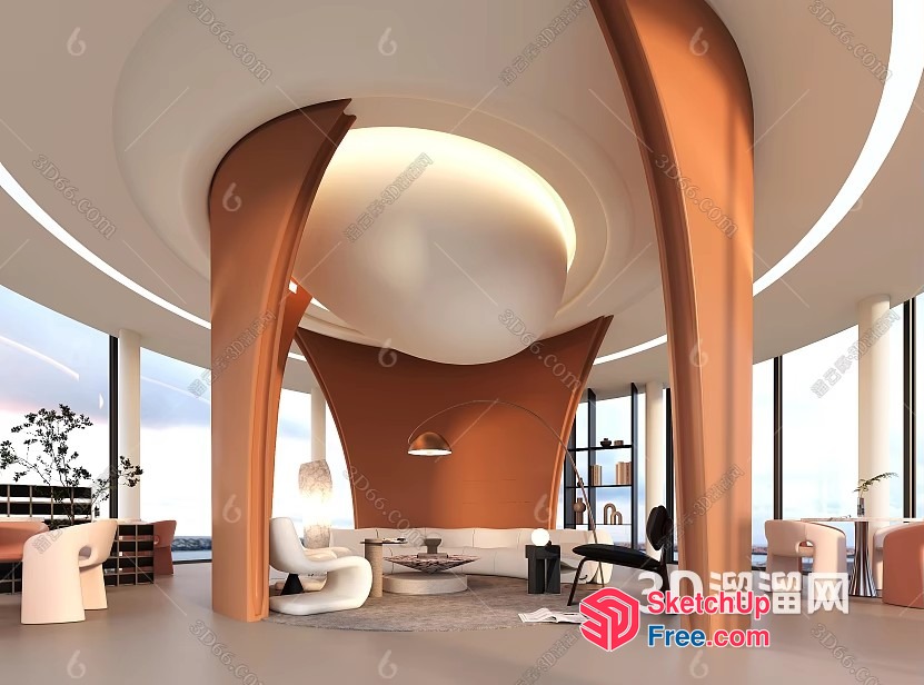 Futuristic Living Room With Curved Lines And Natural Light 3D SketchUp File