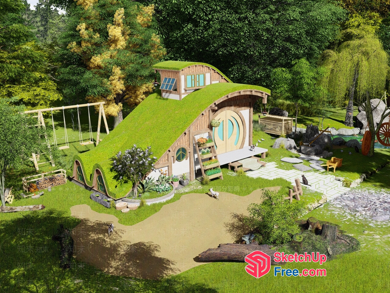 Quaint Hobbit-Style Home With Vibrant Green Roof 3D SketchUp File