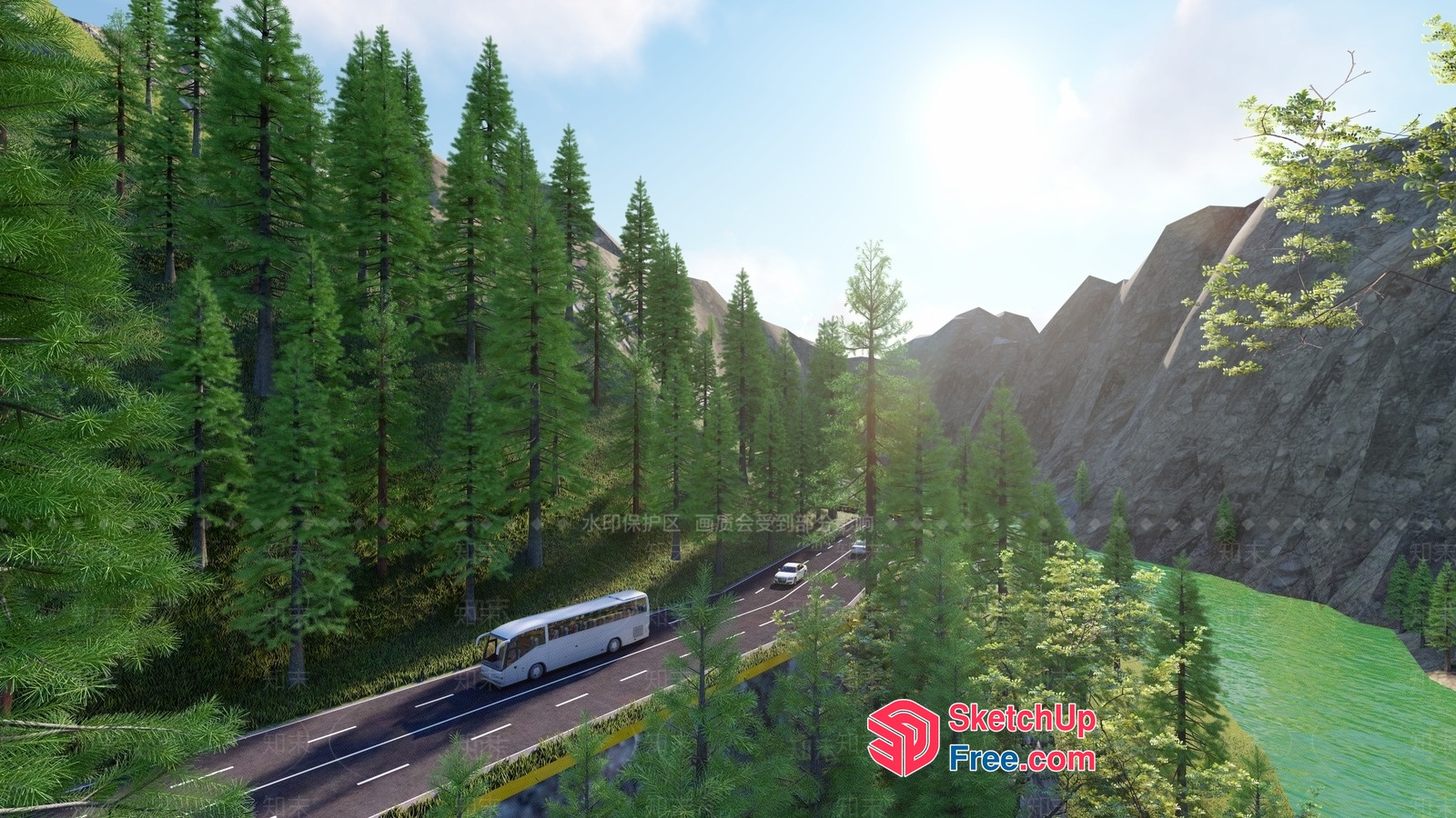 Scenic Highway Through Mountainous Forest Landscape 3D SketchUp File