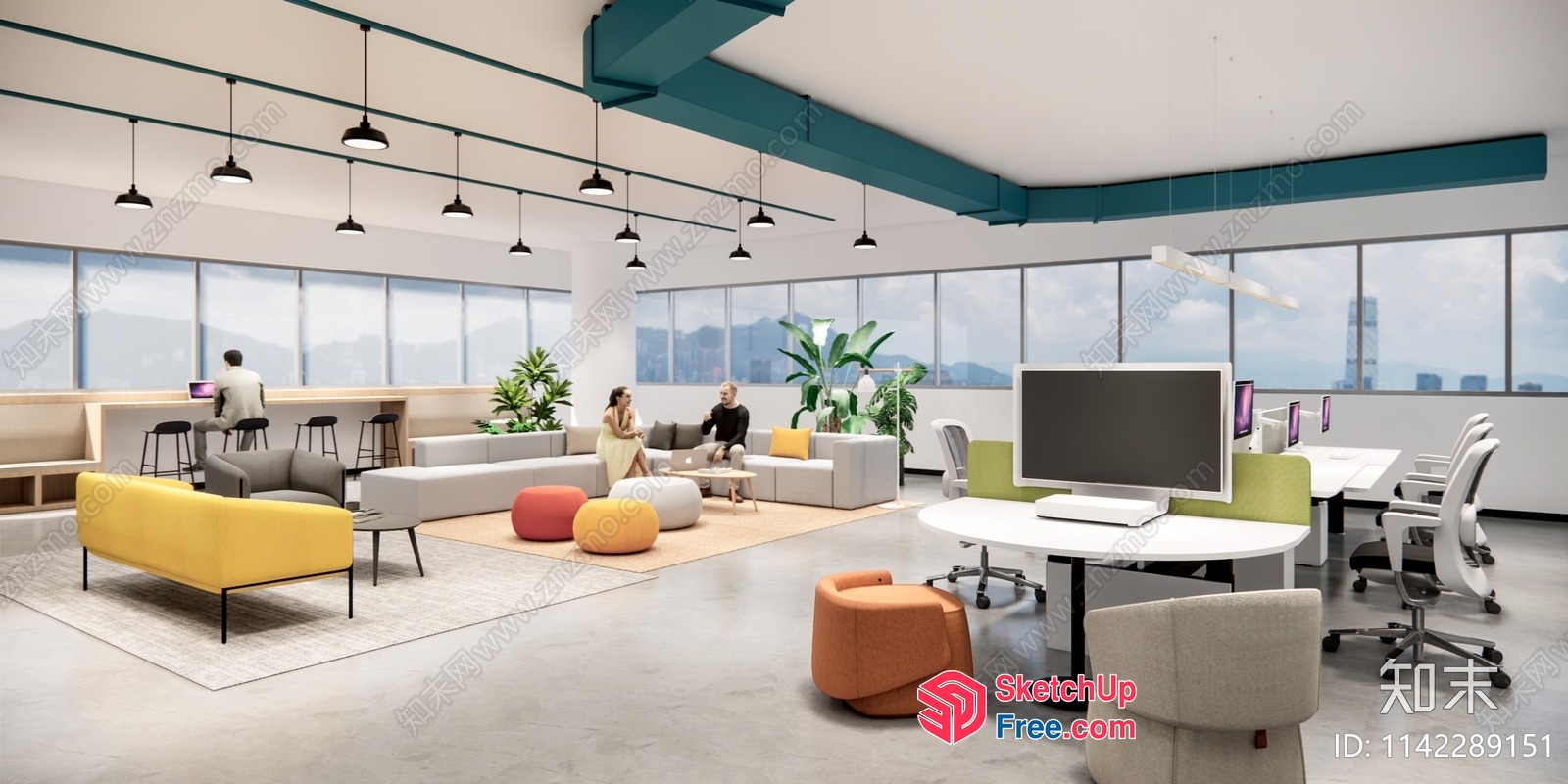 Modern Open-Plan Office Space With Colorful Seating Areas 3D SketchUp File
