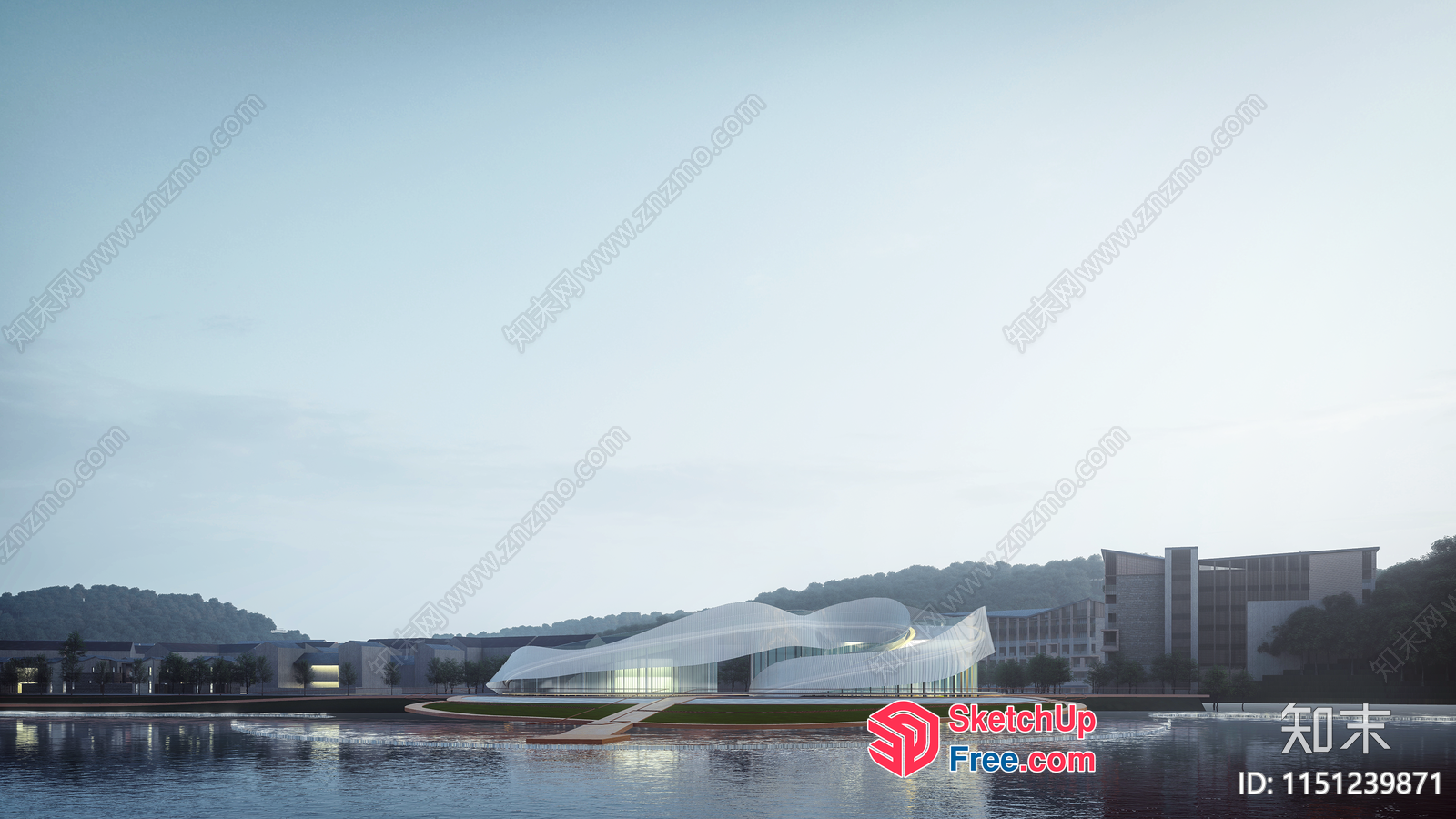 Modern Glass Building With Curved Roof And Water View 3D SketchUp File