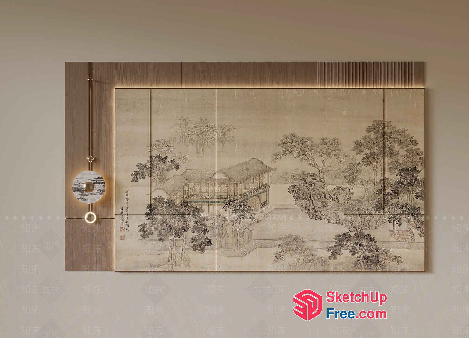 Traditional Chinese Landscape Painting On Wooden Panel 3D SketchUp File