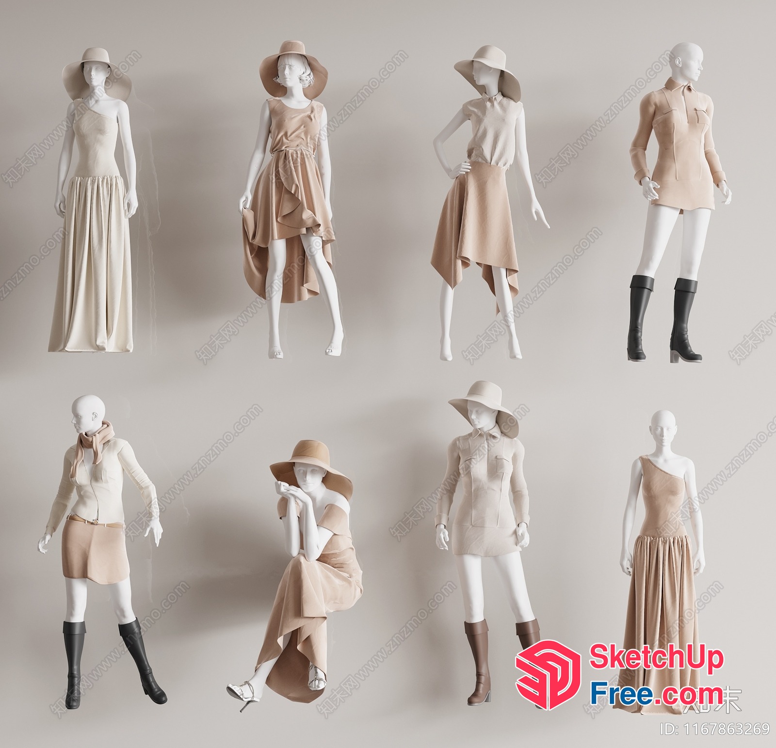 9 Neutral-Toned Fashion Outfits 3D SketchUp File