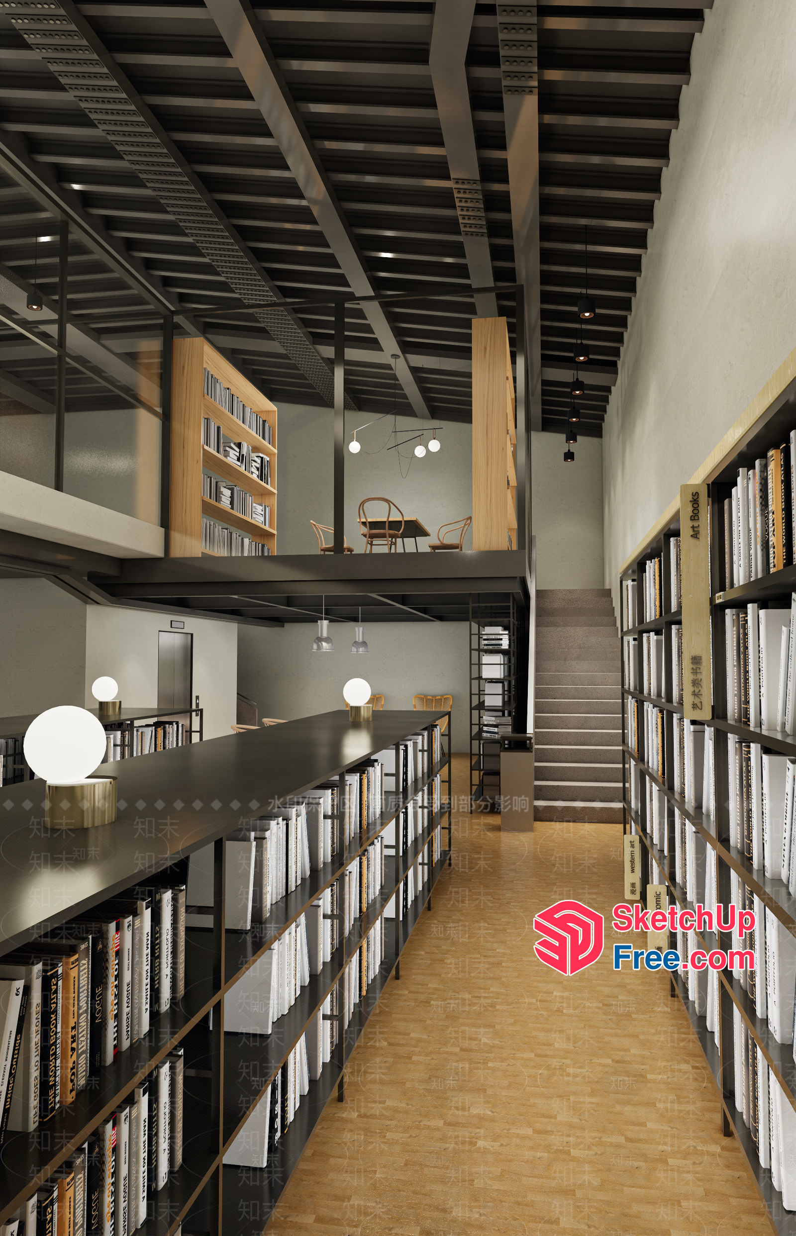Modern Library Interior With Staircase And Bookshelves 3D SketchUp File