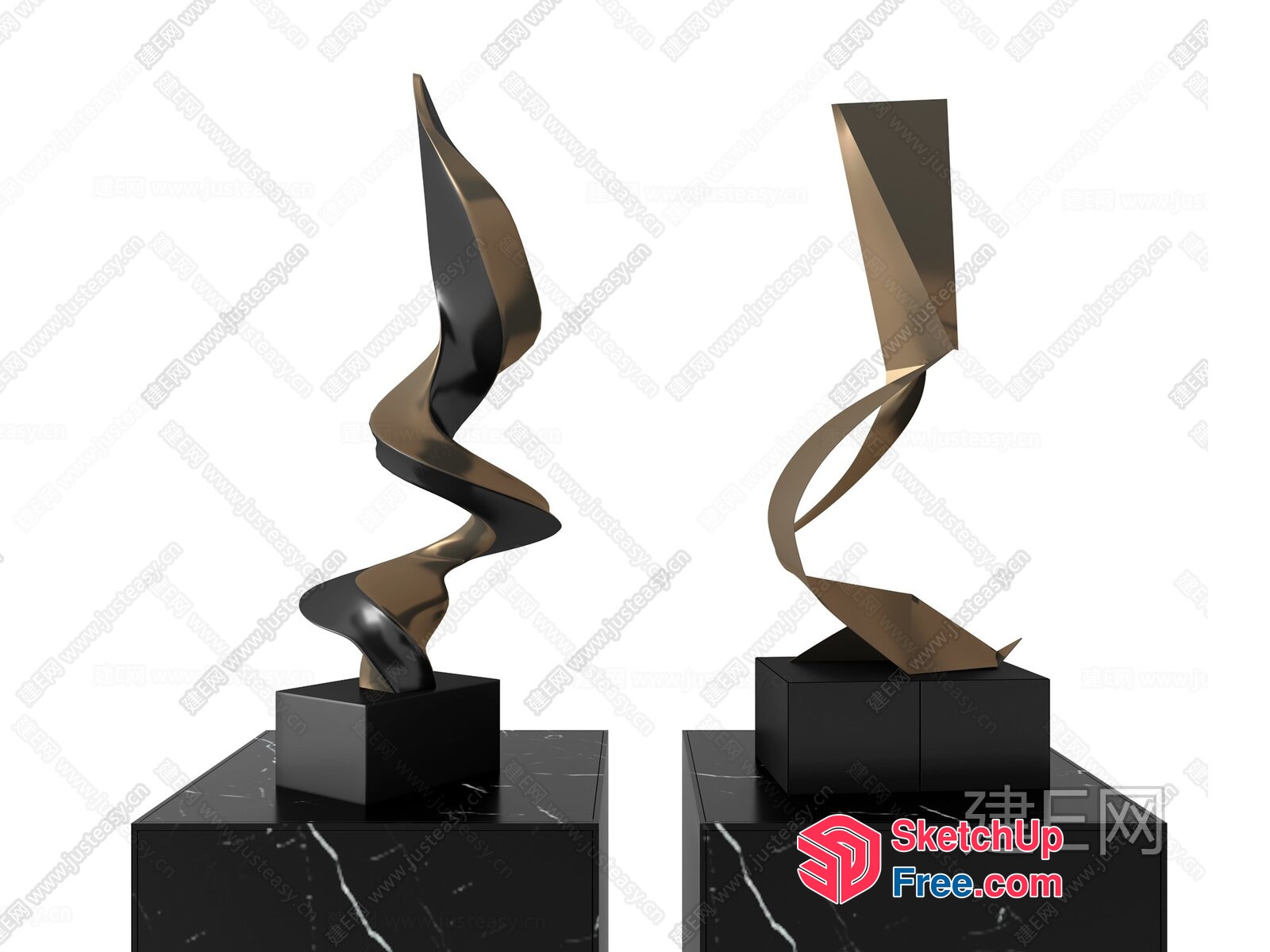 Abstract Metal Sculpture Artwork On Black Marble Pedestals 3D SketchUp File