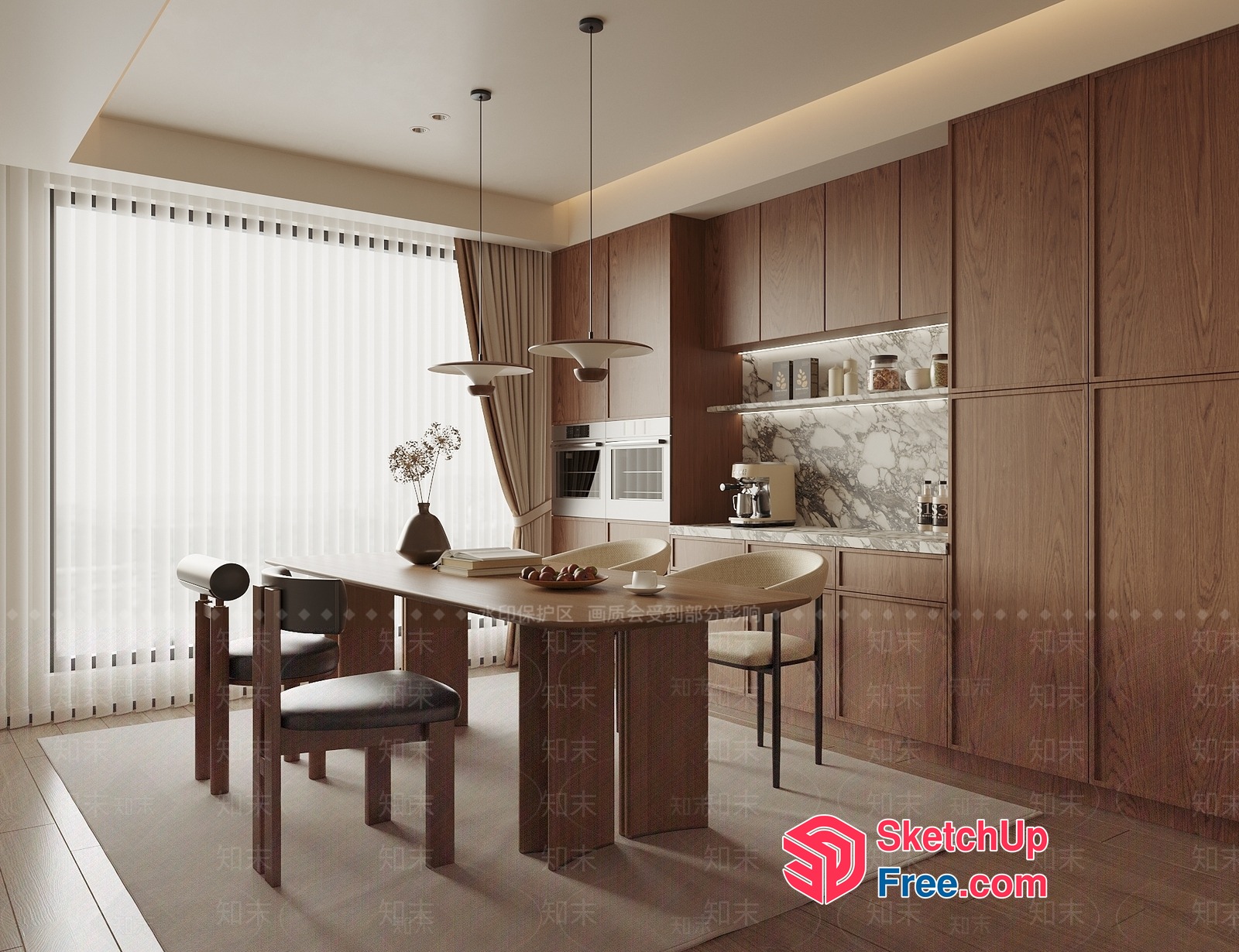 Modern Minimalist Dining Room With Wooden Furniture And Marble Accents 3D SketchUp File