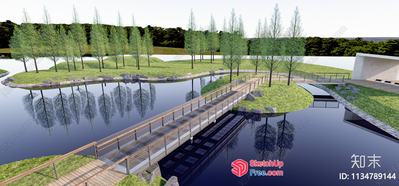 Serene Outdoor Landscape With Bridge And Water 3D SketchUp File