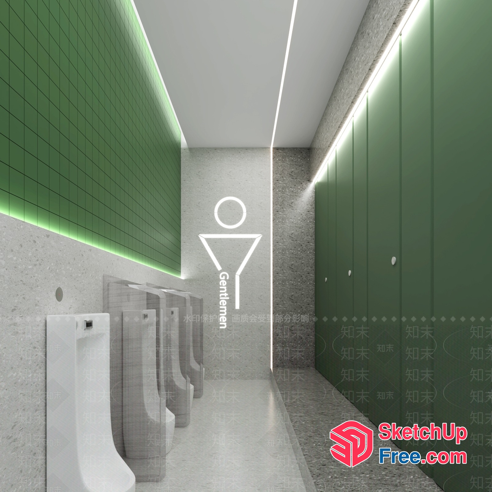 Modern Bathroom With Green Accents And Urinals 3D SketchUp File
