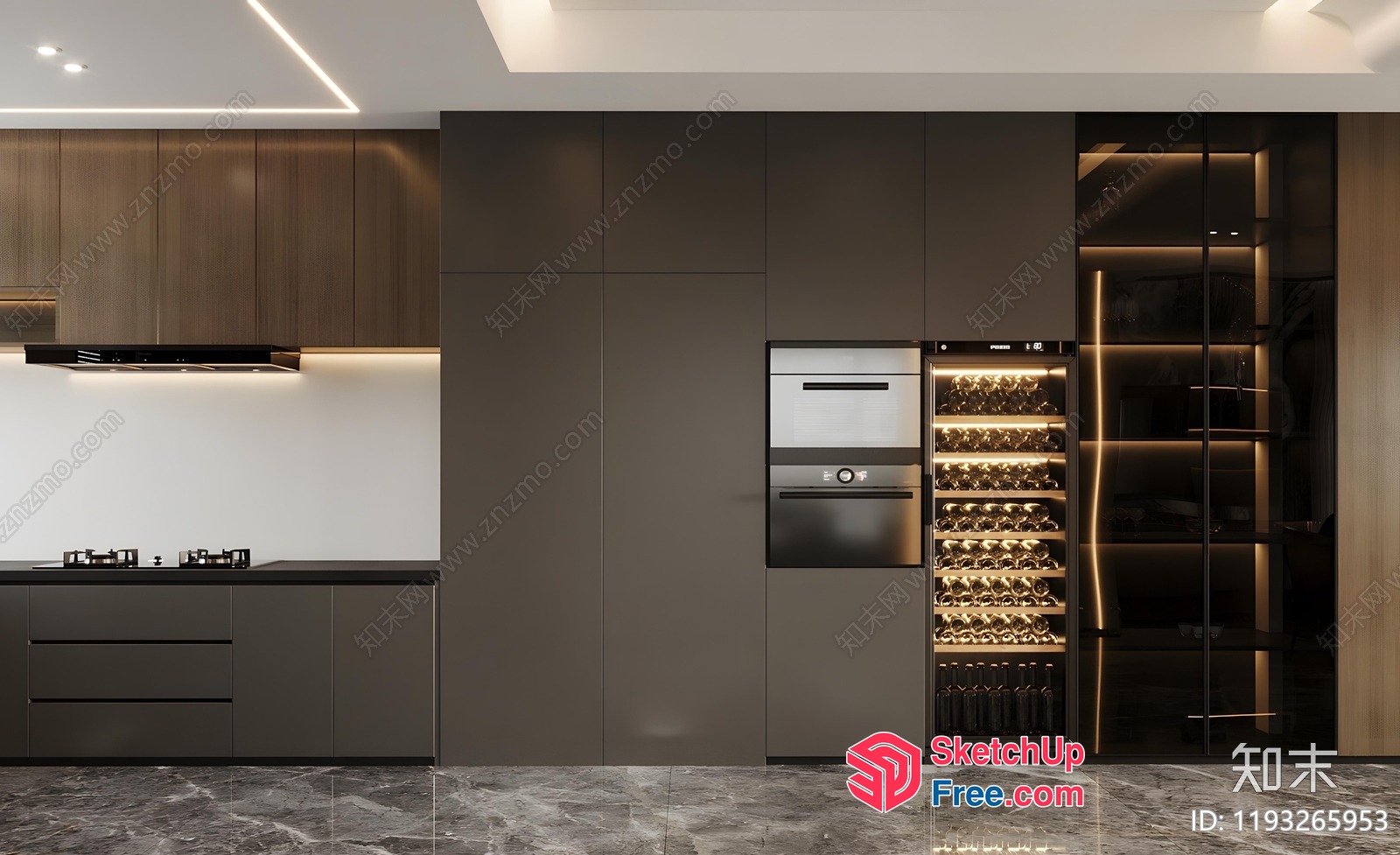 Modern Dark Kitchen With Wine Cellar 3D SketchUp File