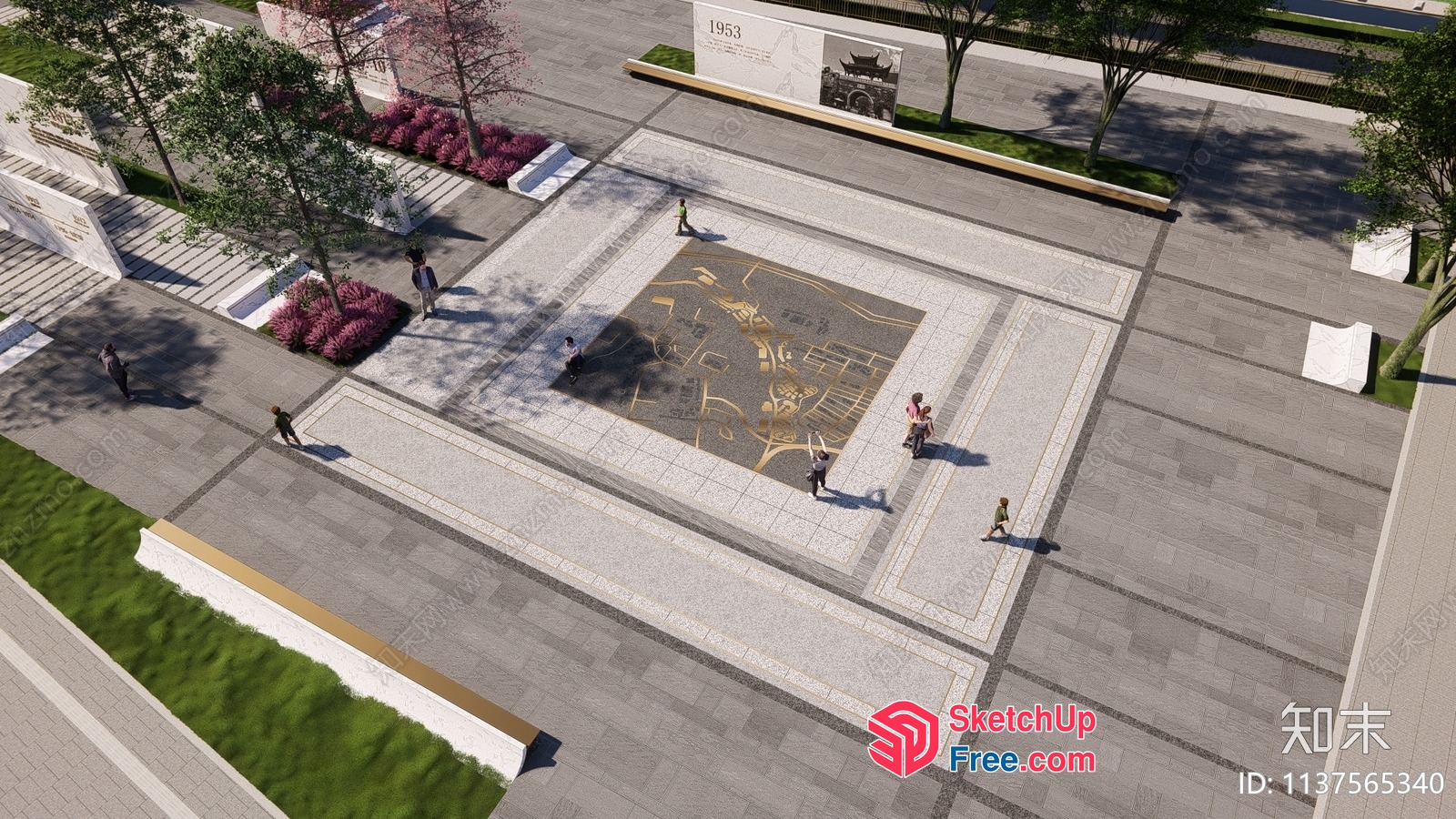 Square With Central Mosaic Design And Benches 3D SketchUp File