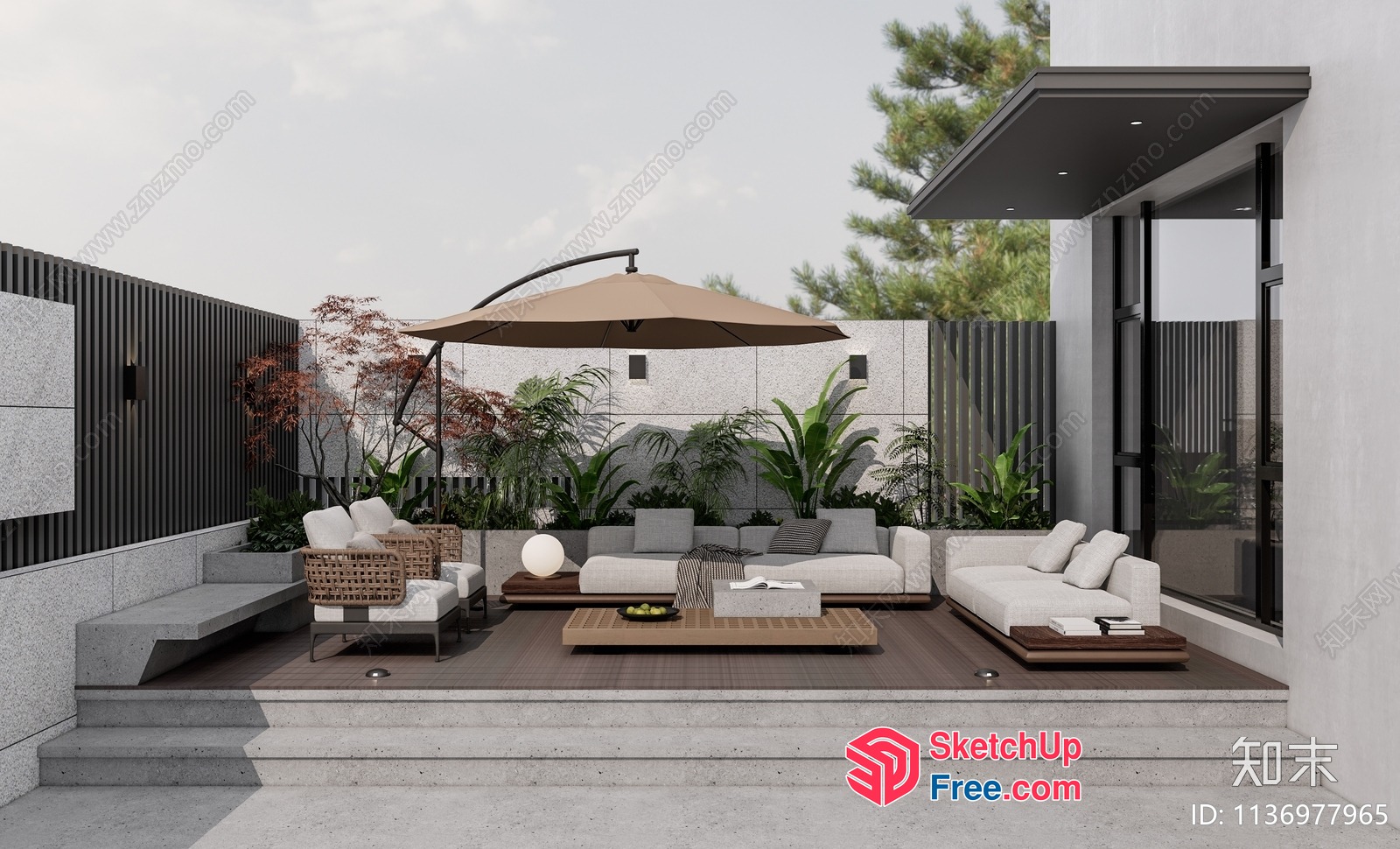 Modern Outdoor Patio With White Furniture And Brown Umbrella 3D SketchUp File