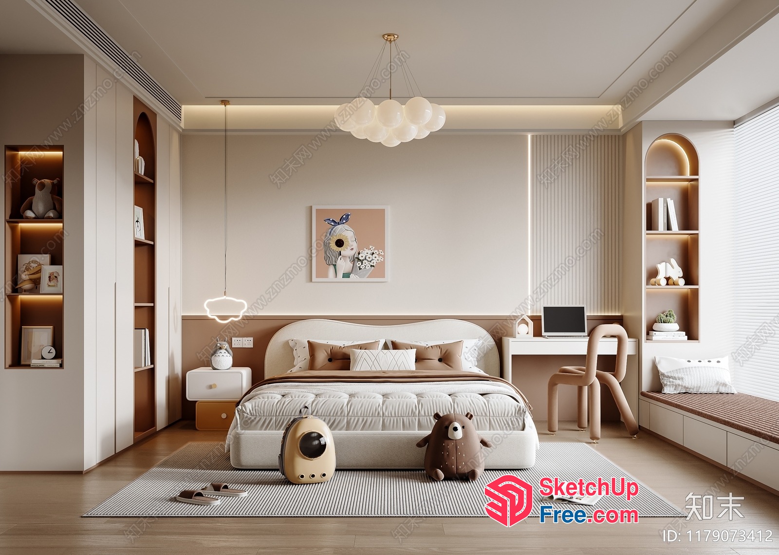 Modern Minimalist Creamy Style Bedroom Interior 3D SketchUp File