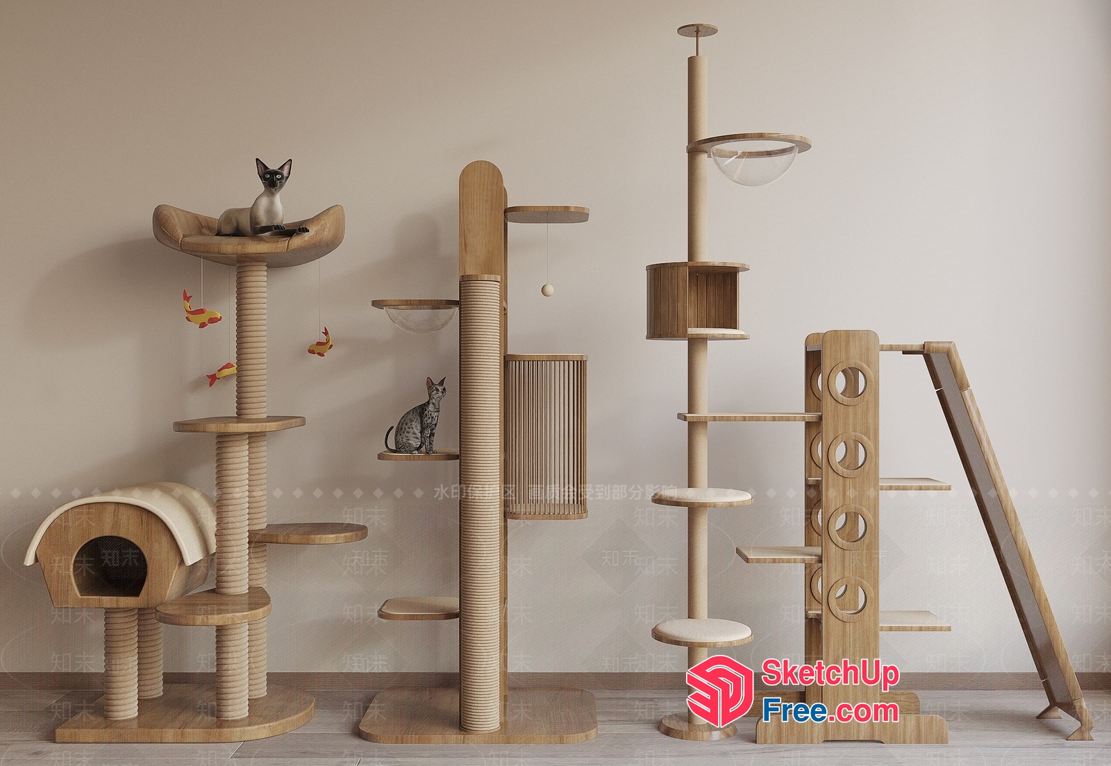 Modern Wooden Cat Tower Furniture Collection 3D SketchUp File
