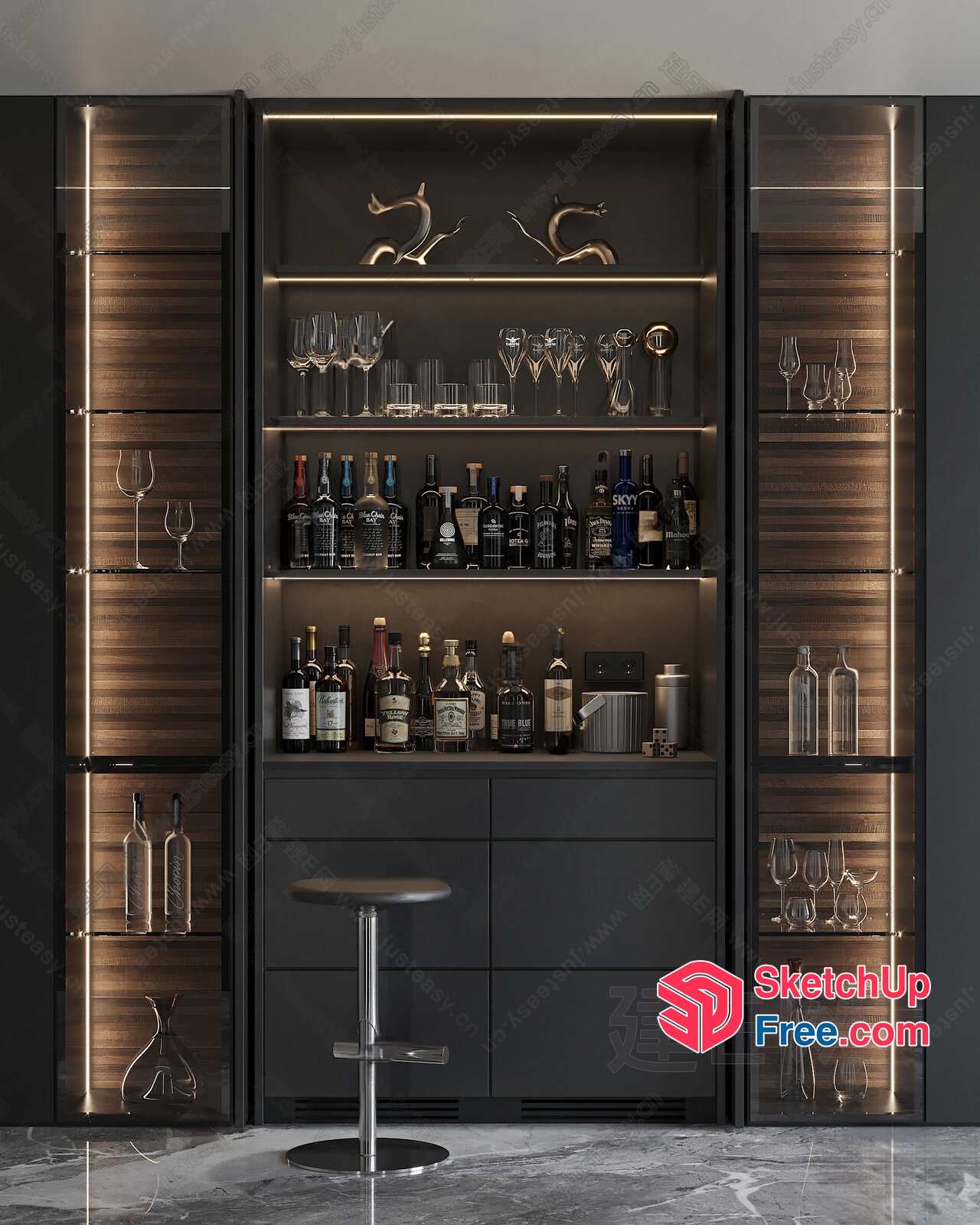 Modern Bar Storage With Glass Doors And Led Lighting 3D SketchUp File
