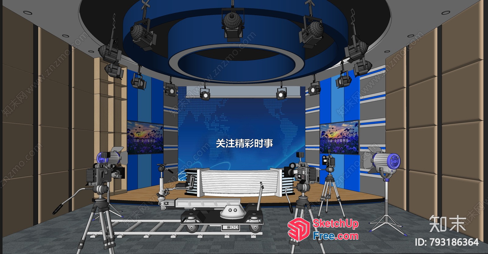 Tv Studio Set With Multiple Cameras And Lighting Equipment 3D SketchUp File