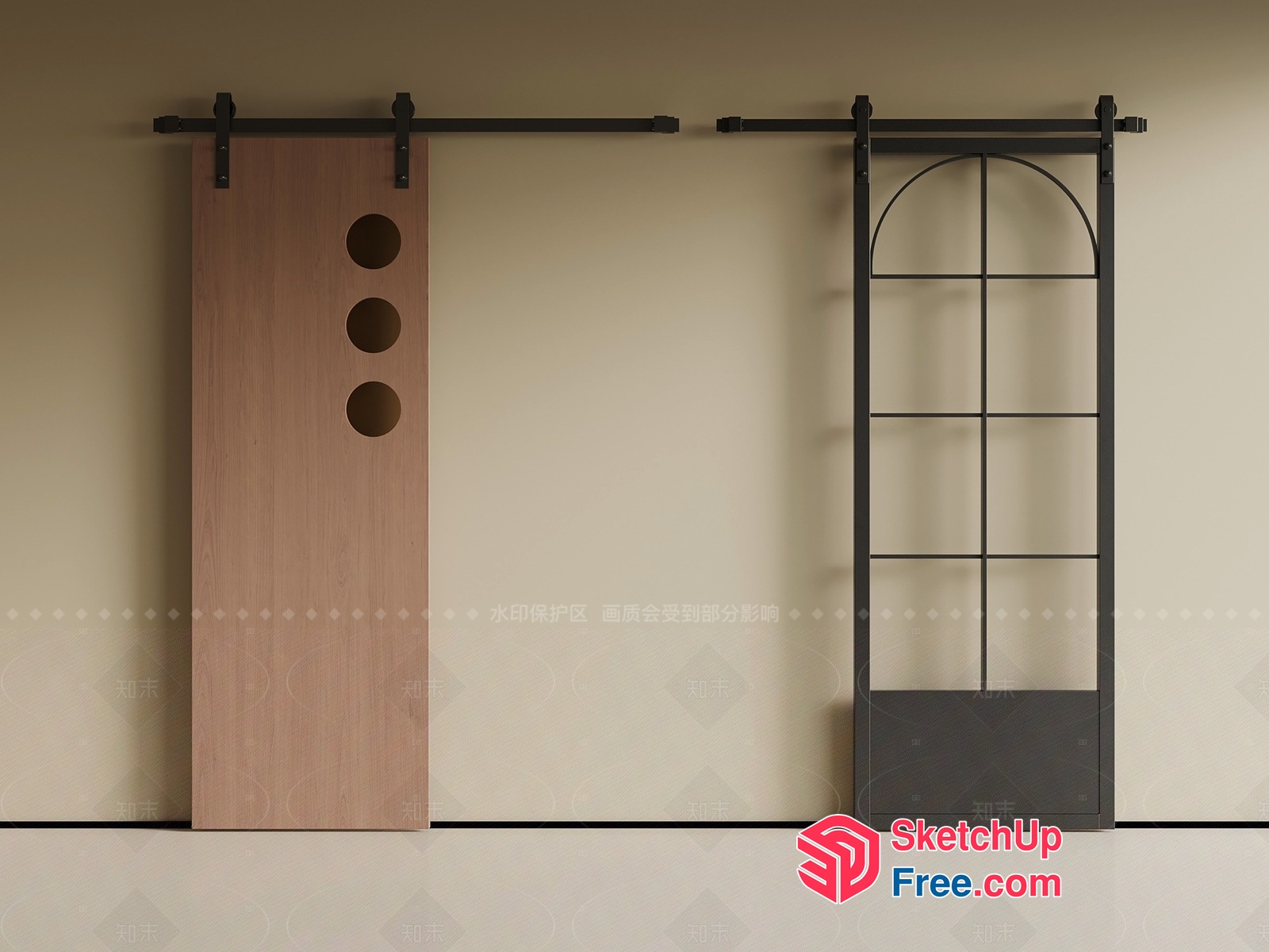 Wooden Door With Circular Cutouts And Black Metal Door With Arched Top 3D SketchUp File