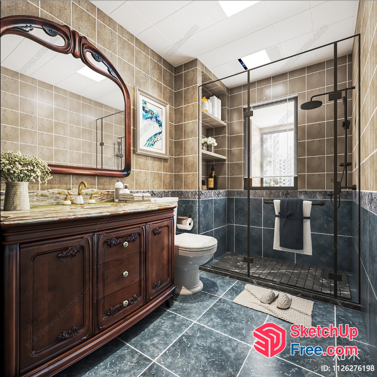 Elegant Bathroom With Dark Wood Vanity And Marble Countertop 3D SketchUp File