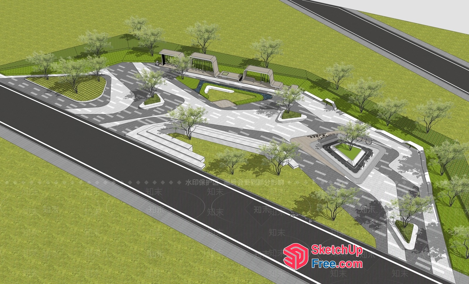 Modern Roadway Design With Green Spaces And Pedestrian Areas 3D SketchUp File