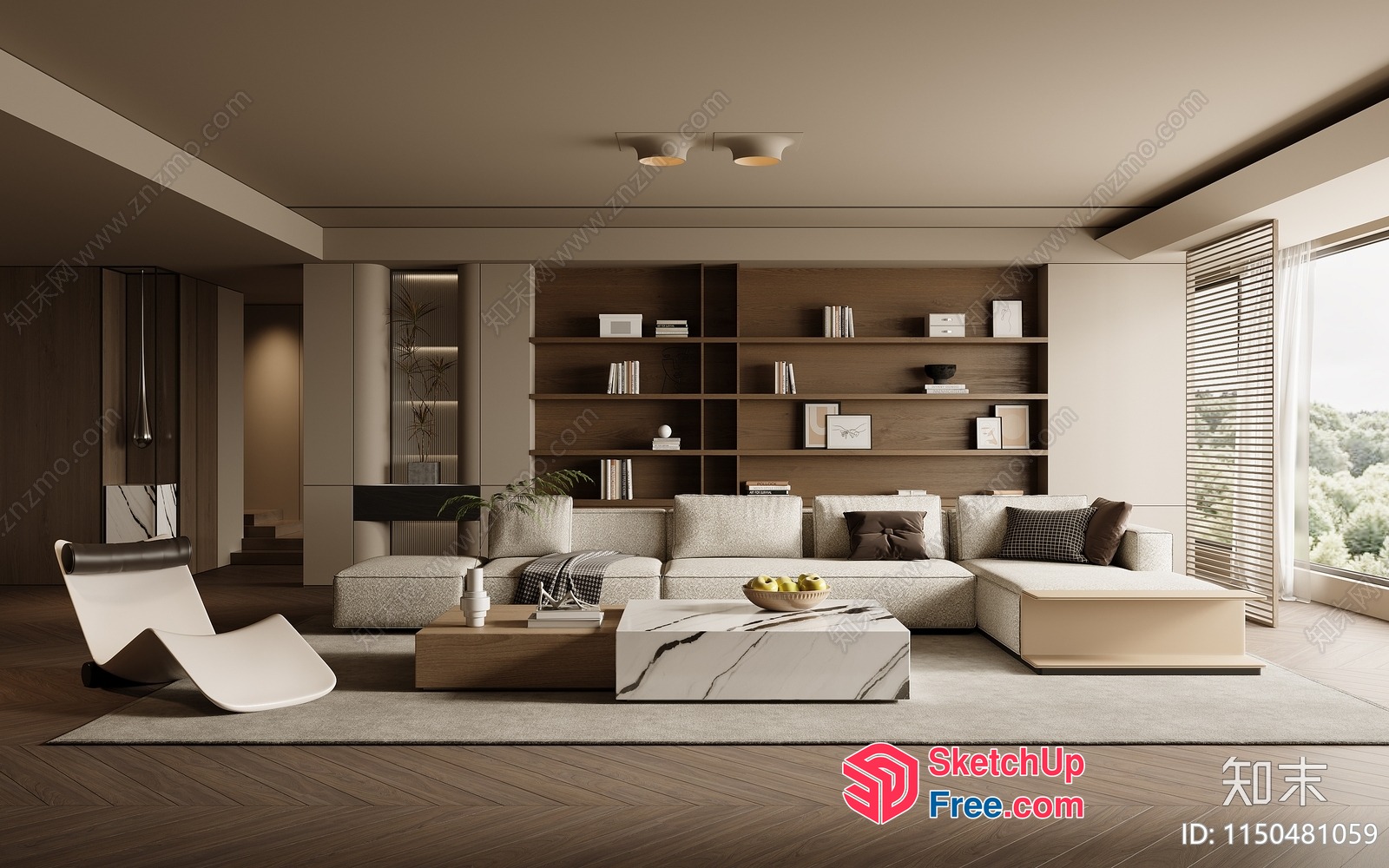 Modern Living Room With Creamy Style Sofa And Marble Coffee Table 3D SketchUp File