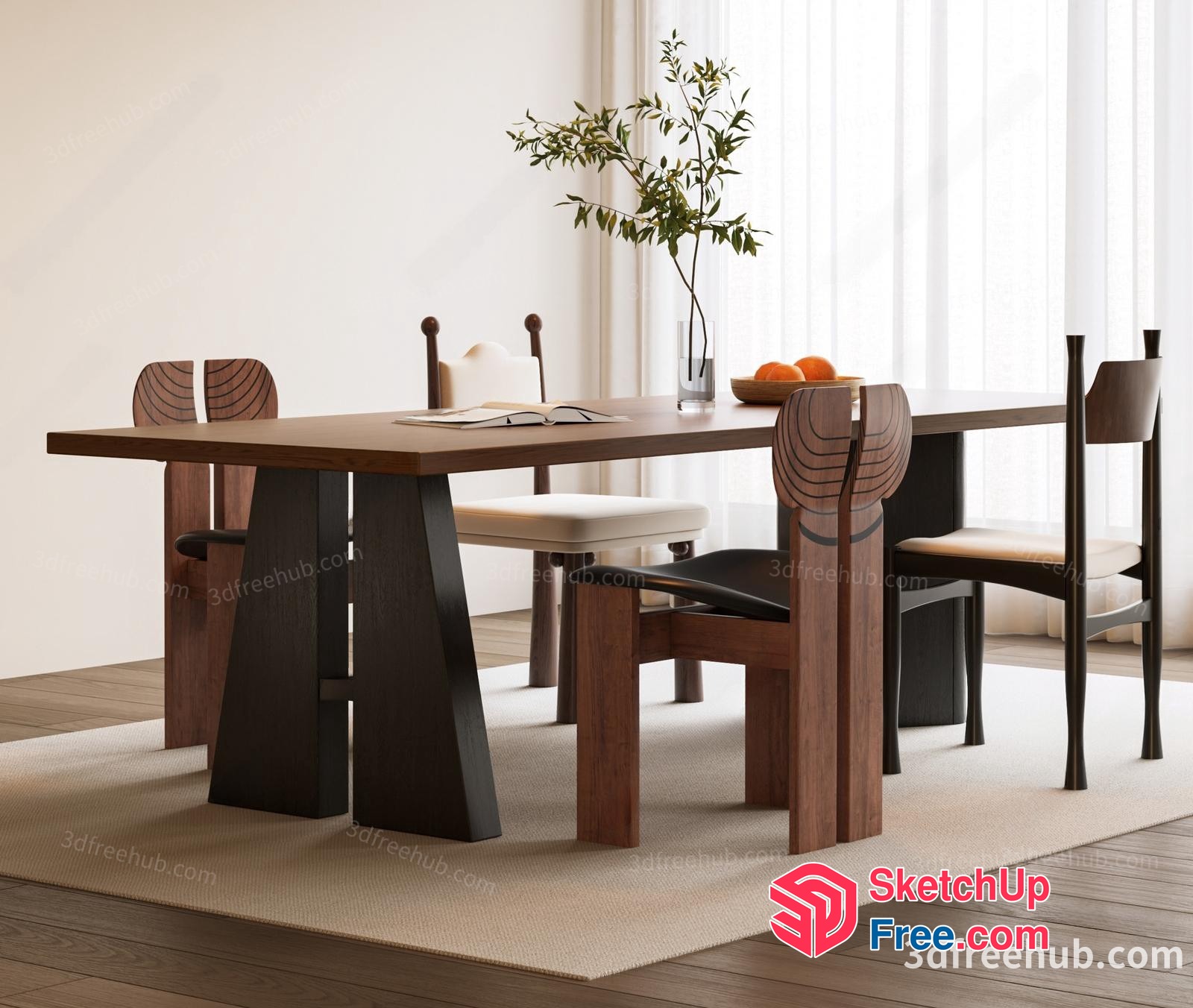 Modern Dining Room With Wooden Table And Chairs 3D SketchUp File