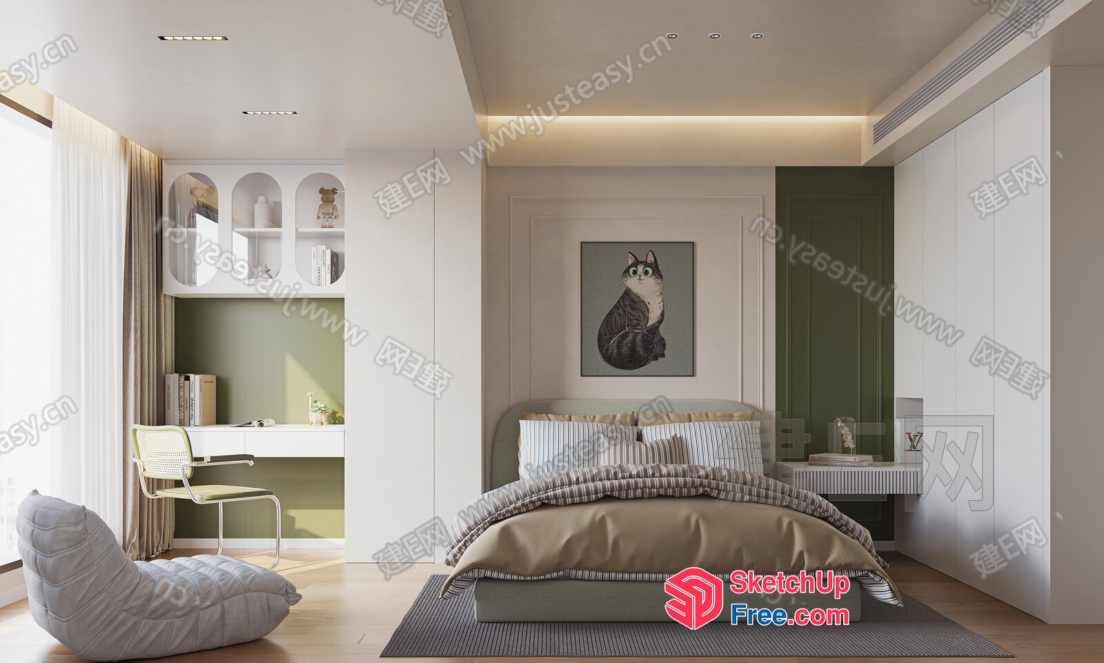 Modern Bedroom With Animal Artwork And Green Accents 3D SketchUp File