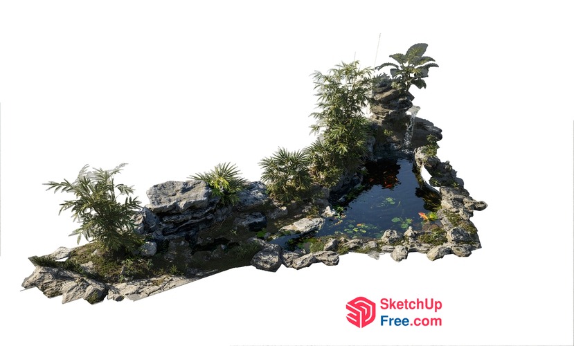 Exquisite Outdoor Pond With Lush Greenery And Rock Formation 3D SketchUp File