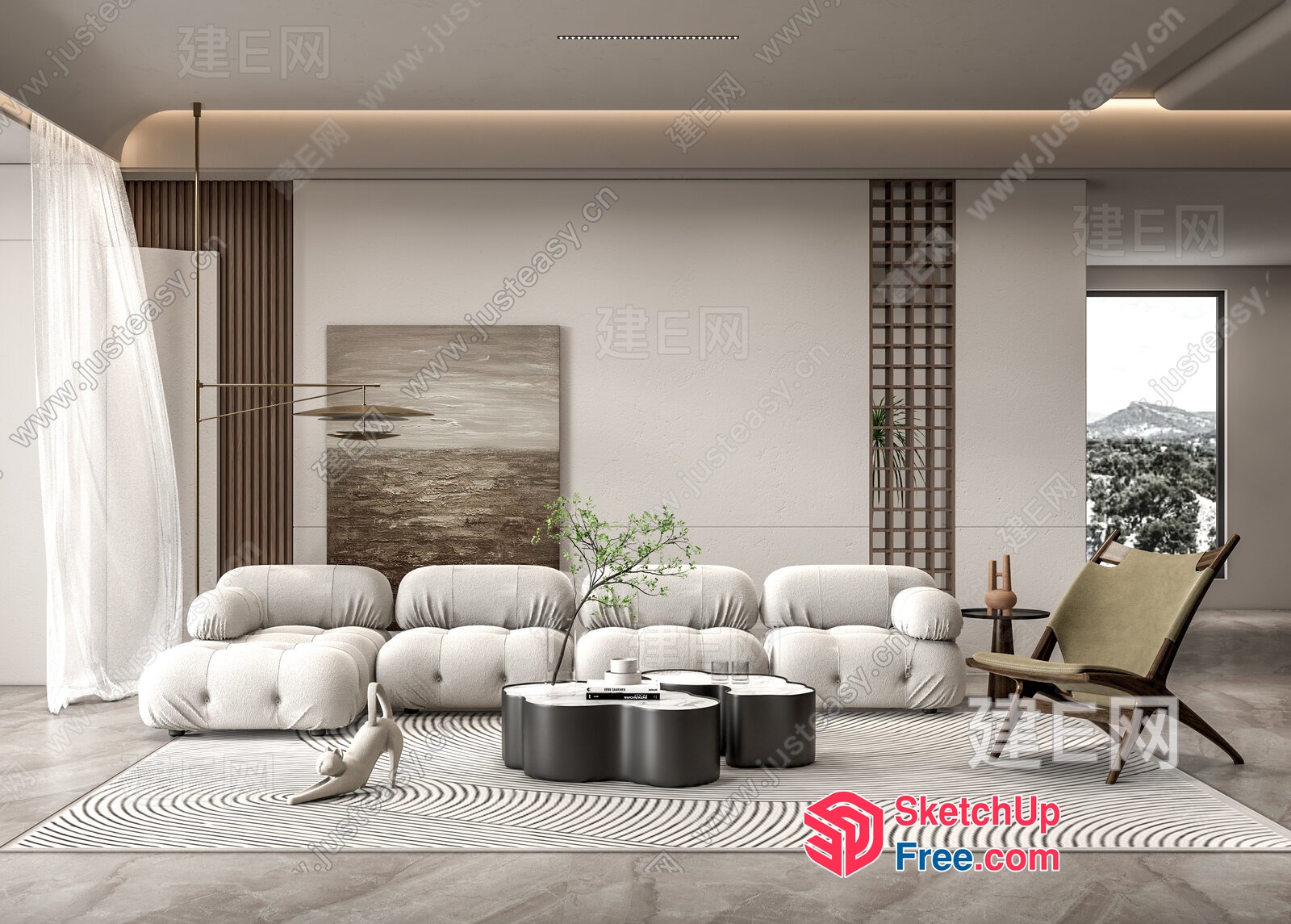 Modern Minimalist Living Room With Creamy Style Sofa 3D SketchUp File