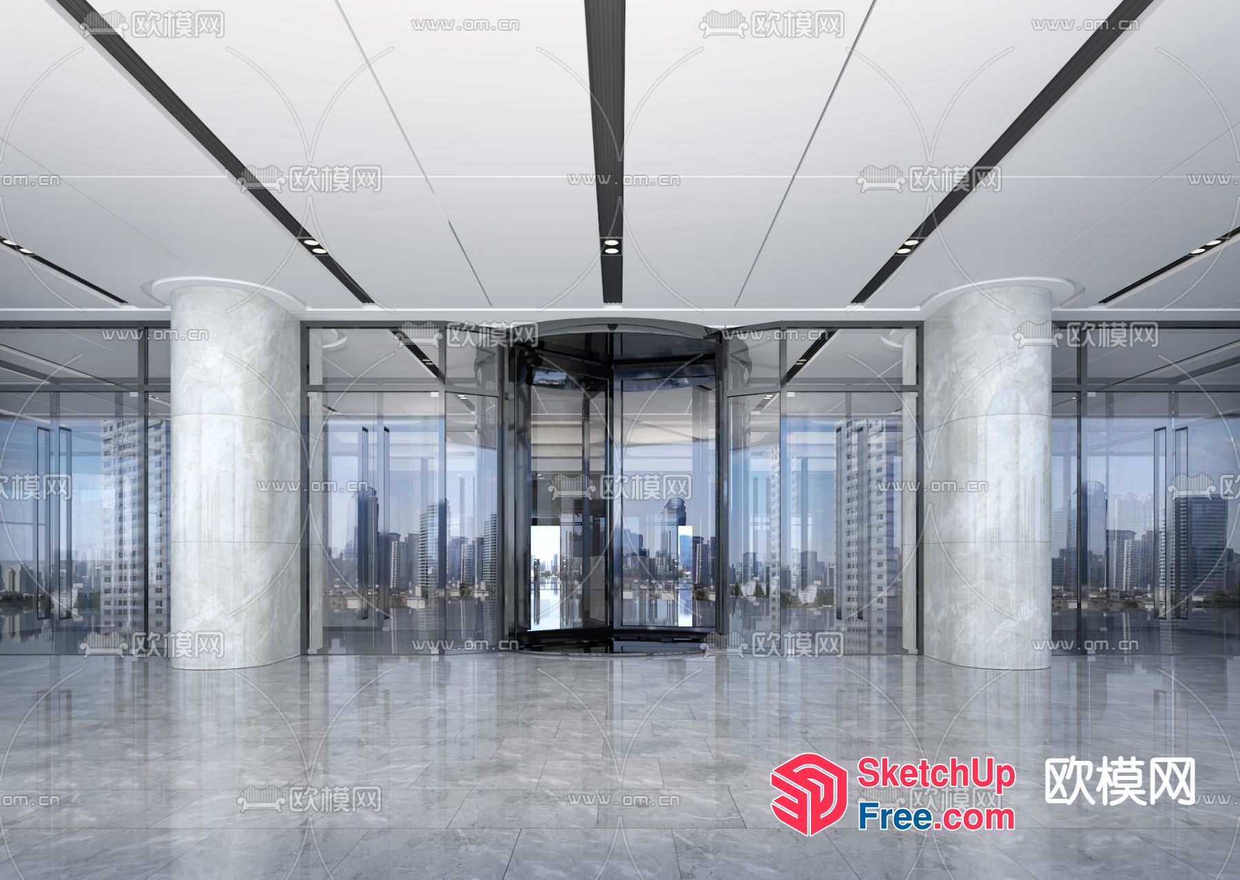 Modern Office Building Interior With Glass Curtain Wall 3D SketchUp File
