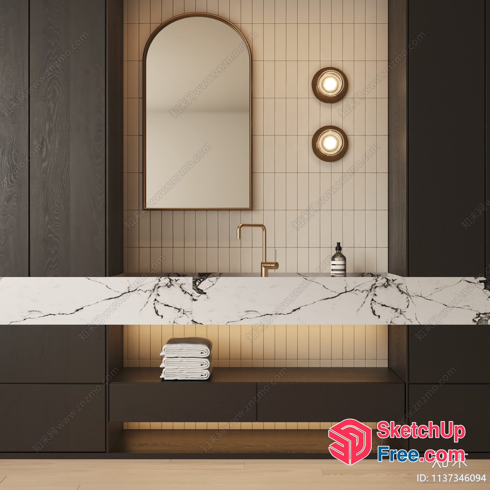 Marble-Topped Bathroom Vanity With Golden Fixtures 3D SketchUp File