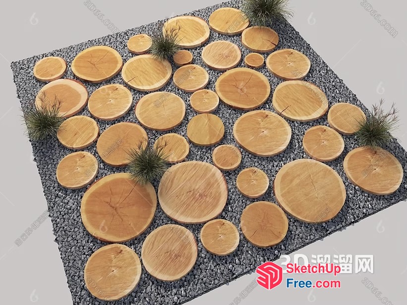 Circular Wooden Decorations On Gravel Ground 3D SketchUp File
