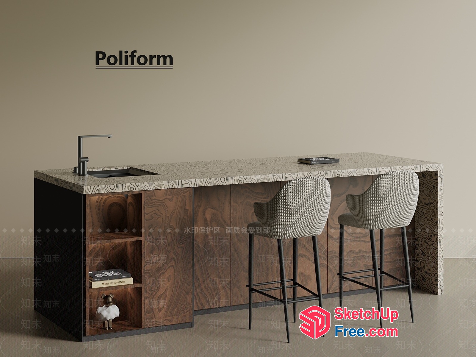 Poliform Kitchen Island With Built-In Bar Stools 3D SketchUp File